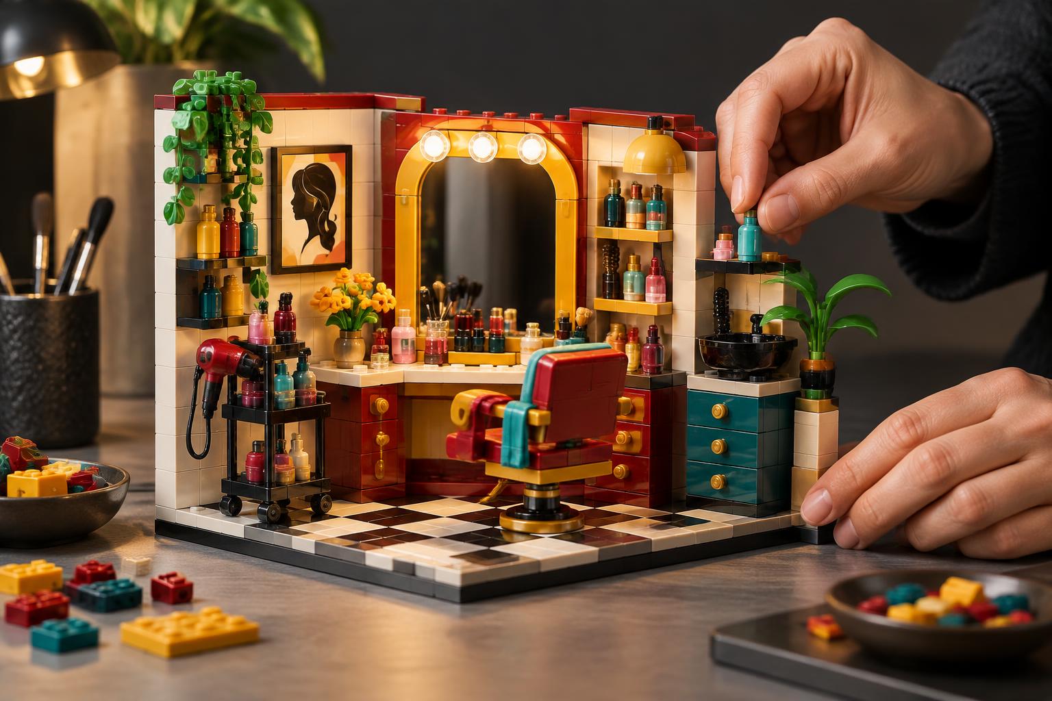 Adult builder arranging a detailed compatible-brick beauty salon with vanity mirror, styling chair and miniature accessories