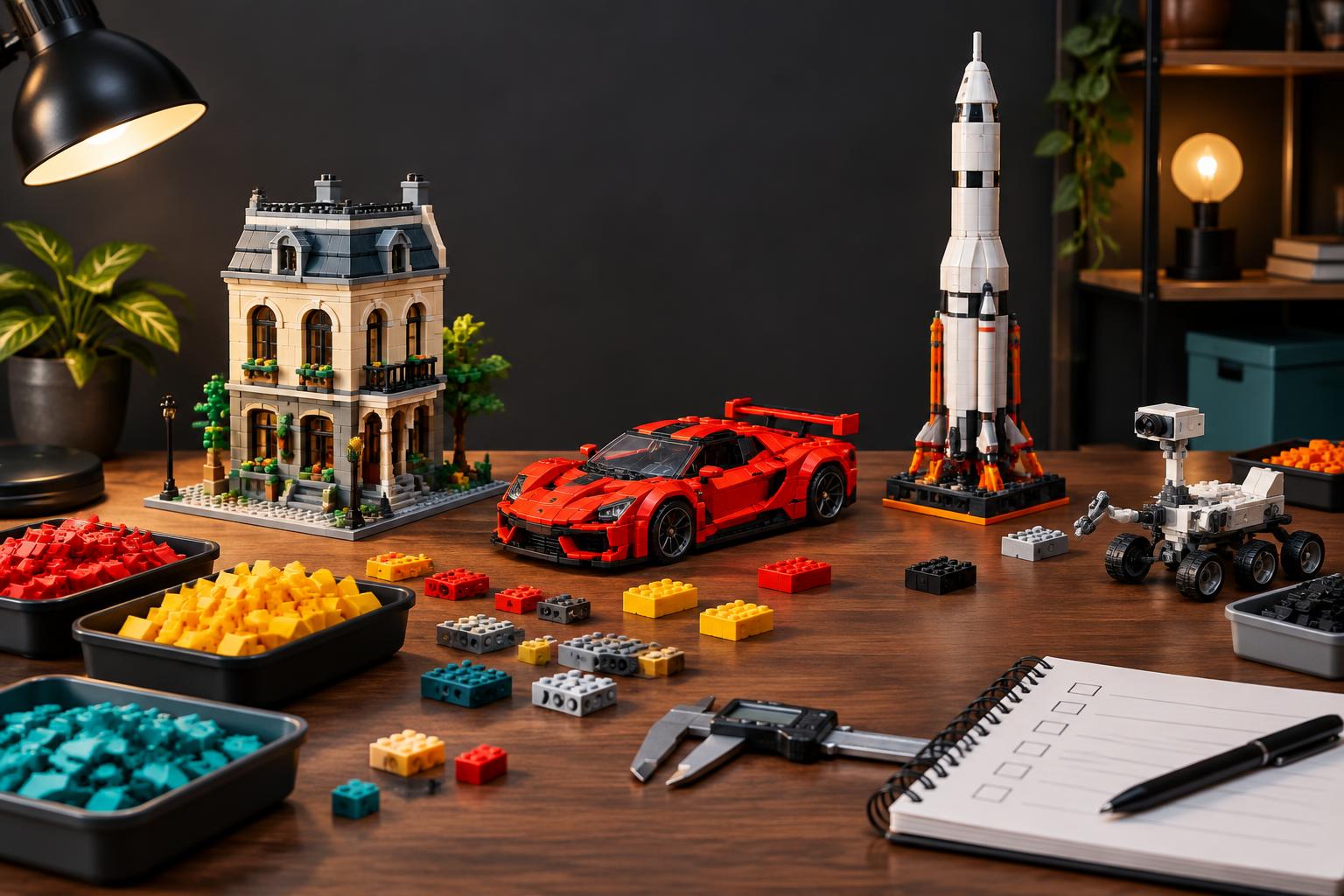 Architecture, car, rocket and rover brick sets arranged for a compatible bricks comparison