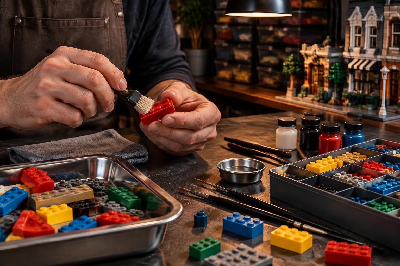 Adult builder using a soft brush to clean colorful compatible bricks beside organized restoration tools