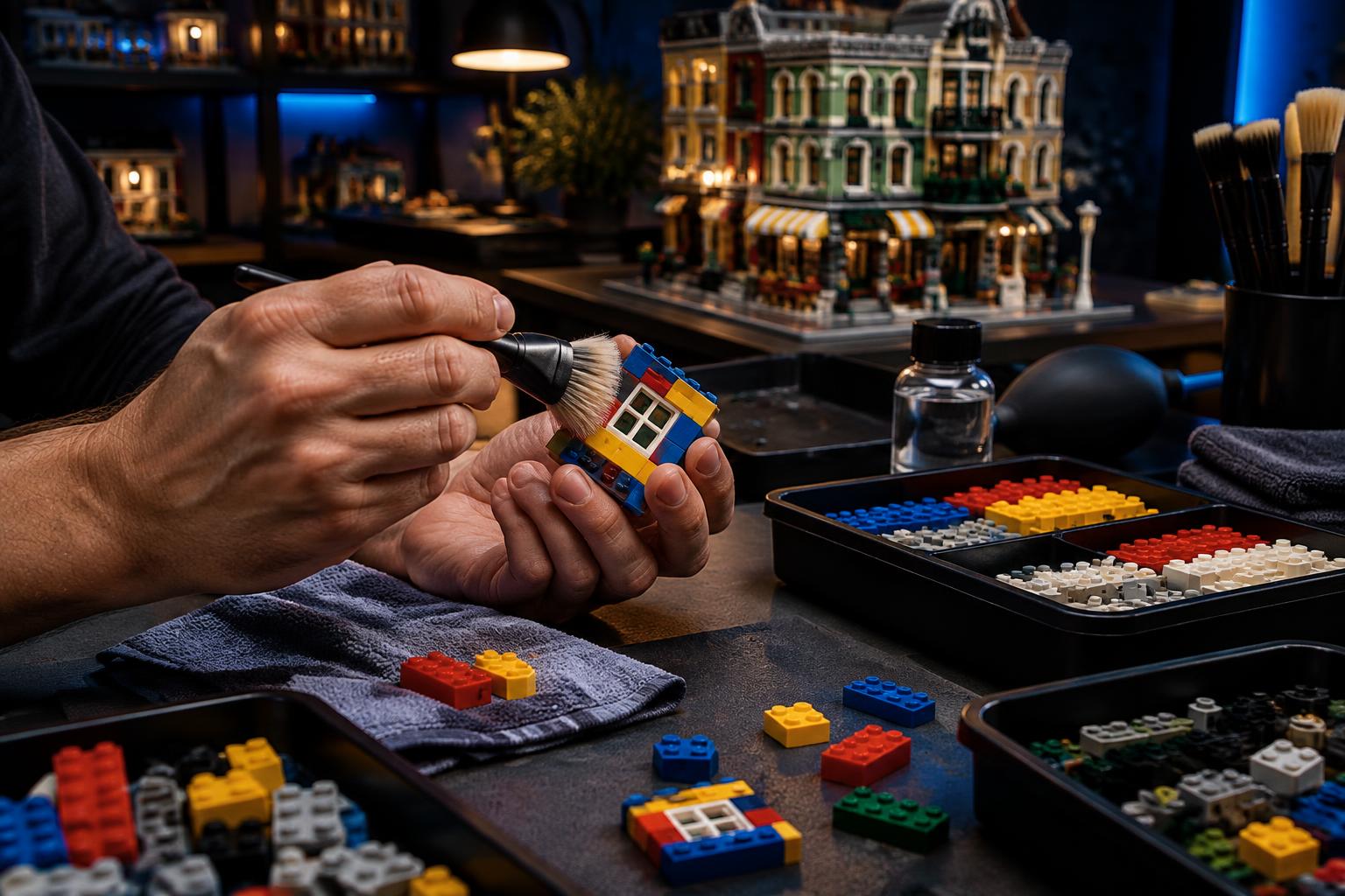 Adult collector gently cleaning LEGO-compatible bricks with a soft brush at an organized dark workbench