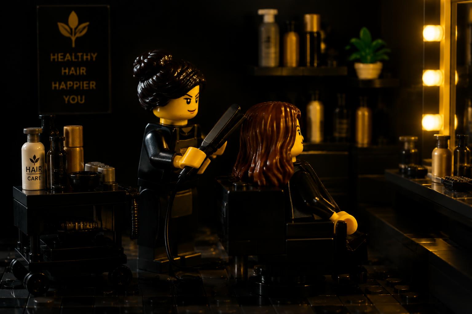 Brick-built hair treatment studio scene with a minifigure stylist using a tiny flat iron