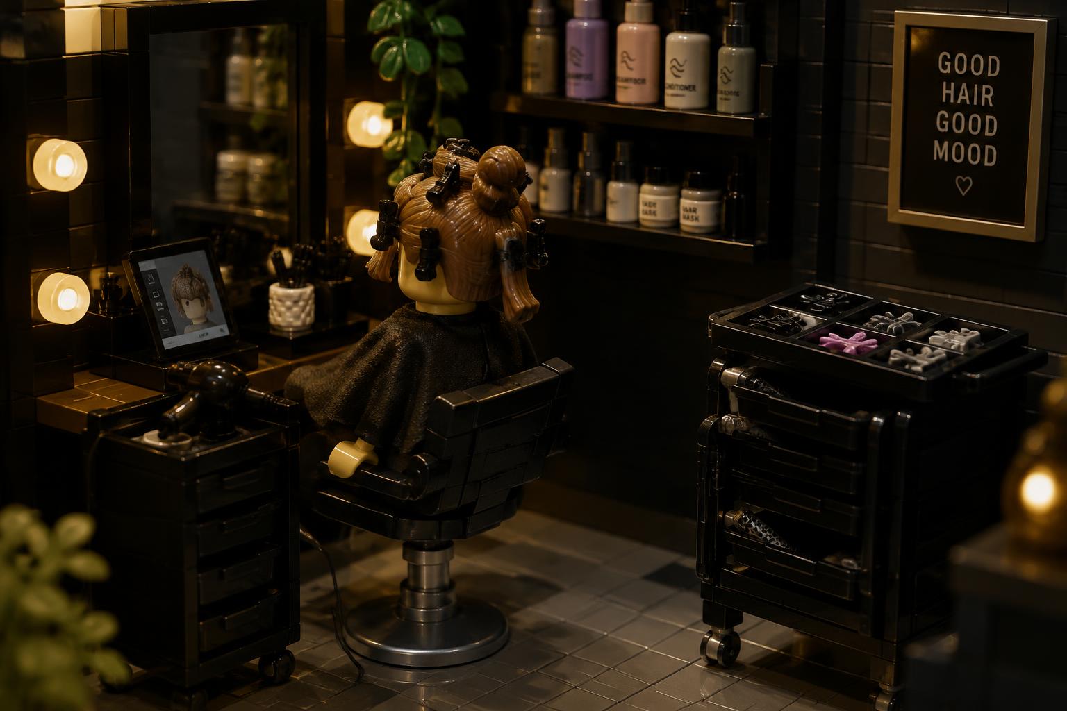 Close-up of a compatible-brick salon styling station with sectioned-hair minifigure and product shelf