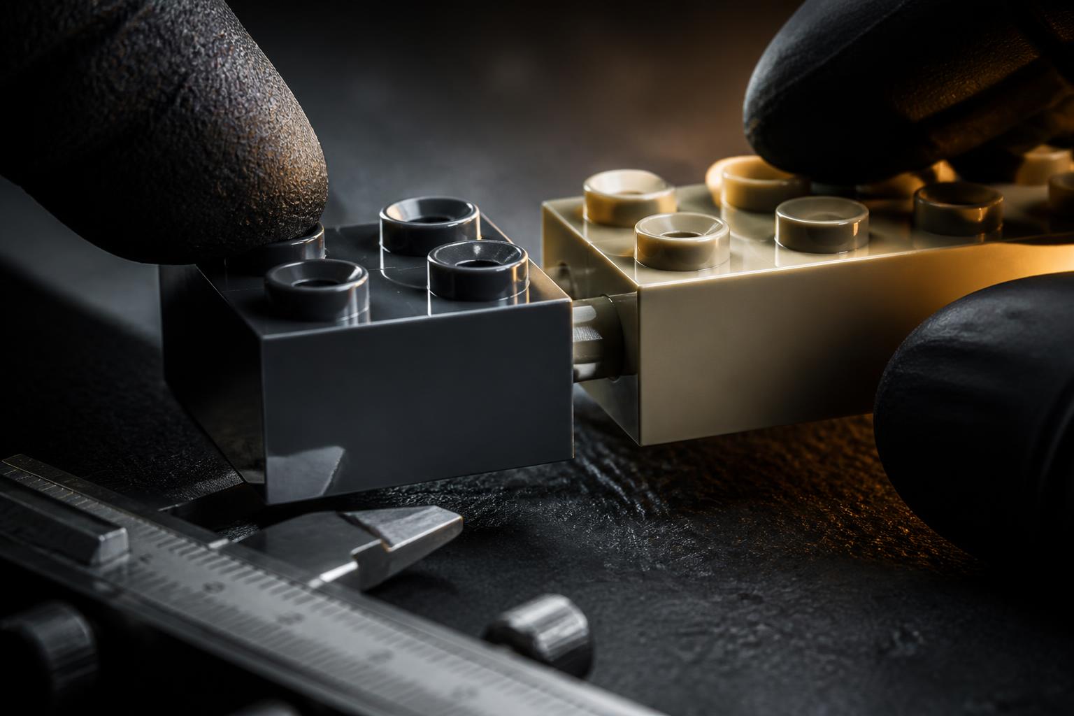 Close-up of two LEGO-compatible bricks clicking together beside a caliper measuring stud tolerance