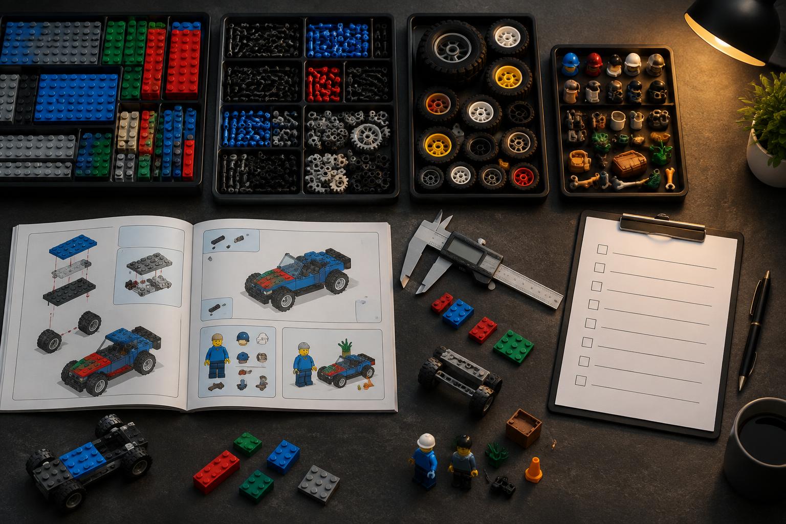 Organized compatible bricks, instruction booklet and caliper used to compare package quality and compatibility