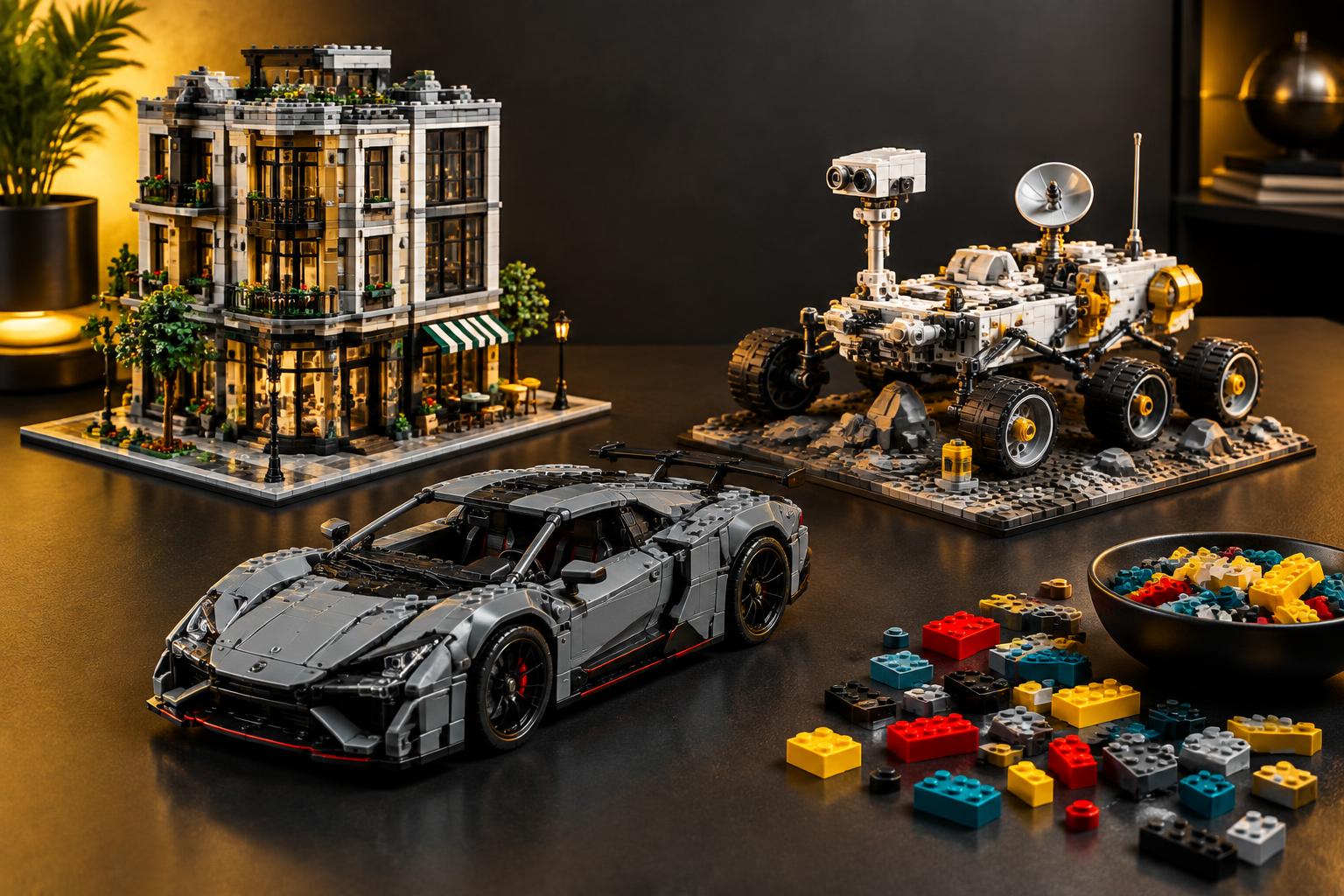 Curated compatible brick packages featuring architecture, sports car and space rover models for adult collectors