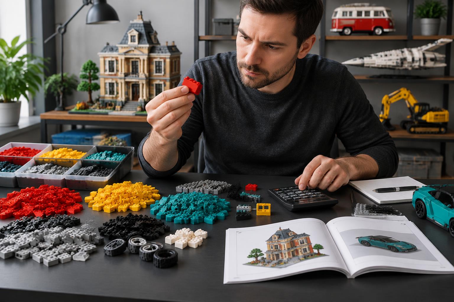 Adult collector comparing compatible-brick piece count, material quality and price with a calculator