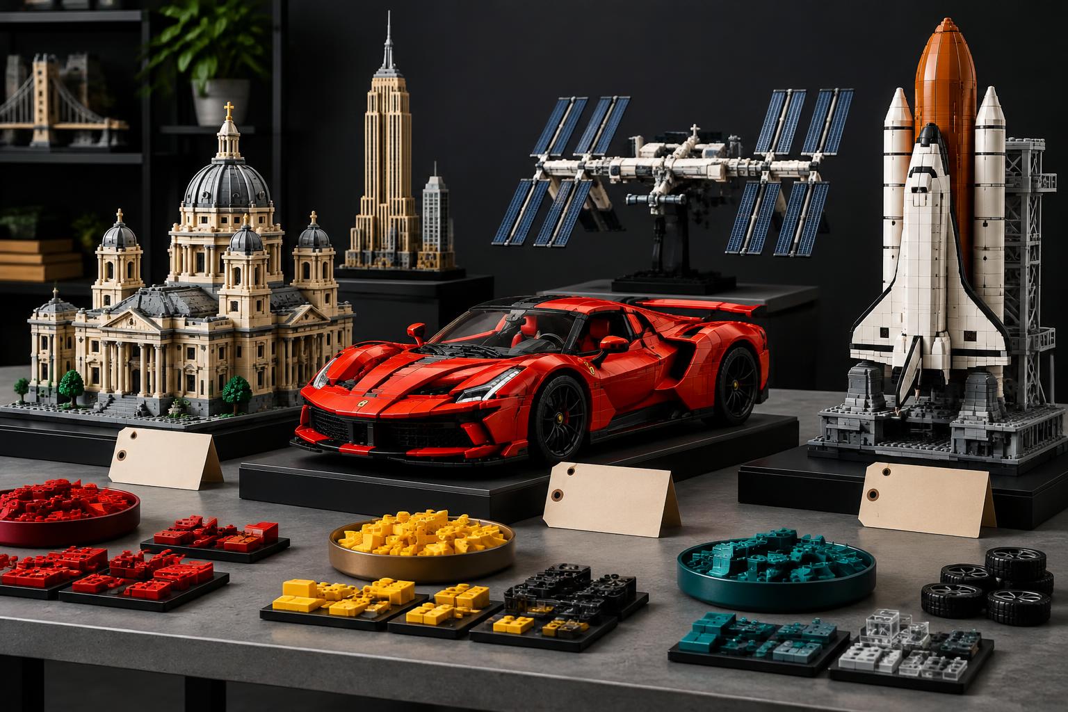 Premium compatible-brick architecture, sports car and spacecraft models arranged for a value comparison