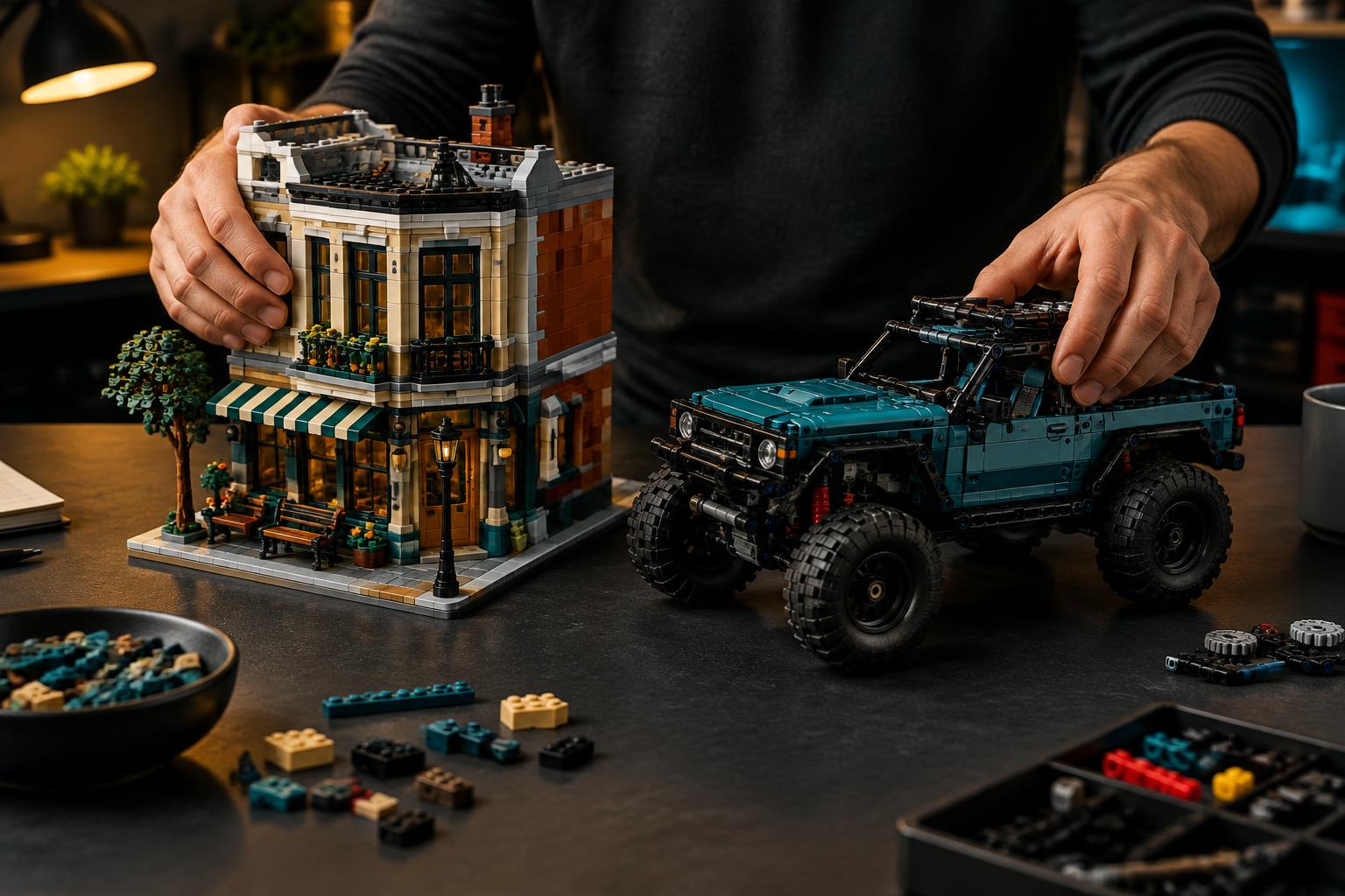 Adult collector testing compatible brick architecture and vehicle models for an independent product review