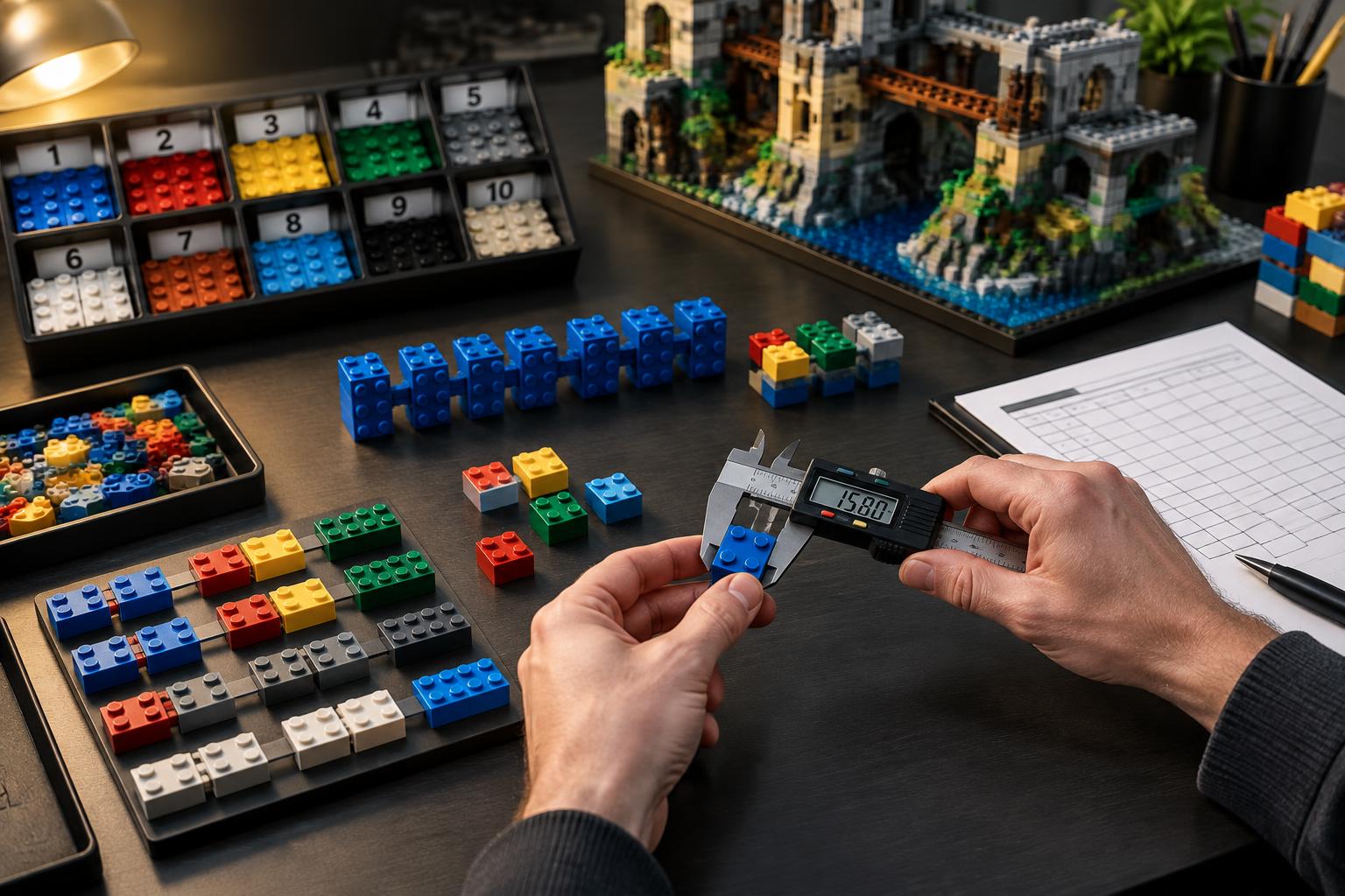 Compatible brick clutch strength and stud tolerance being measured during a detailed review