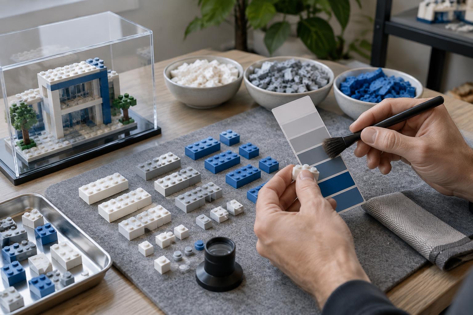 Adult builder comparing white gray and blue compatible bricks during a surface condition inspection