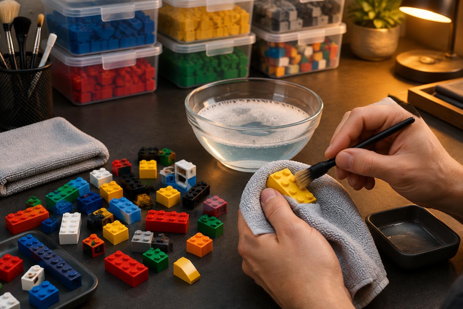 Hands safely cleaning colorful compatible ABS bricks with a soft brush, microfiber cloth and mild soap water