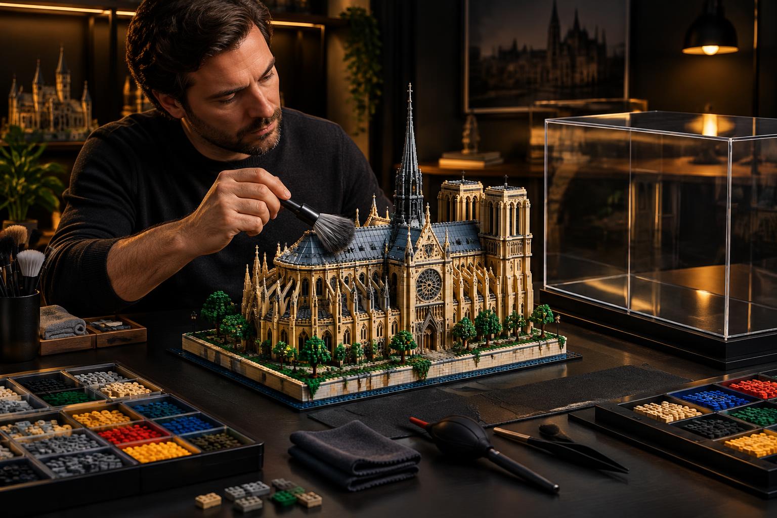Adult collector gently dusting a detailed brick-built architecture model beside a protective display case