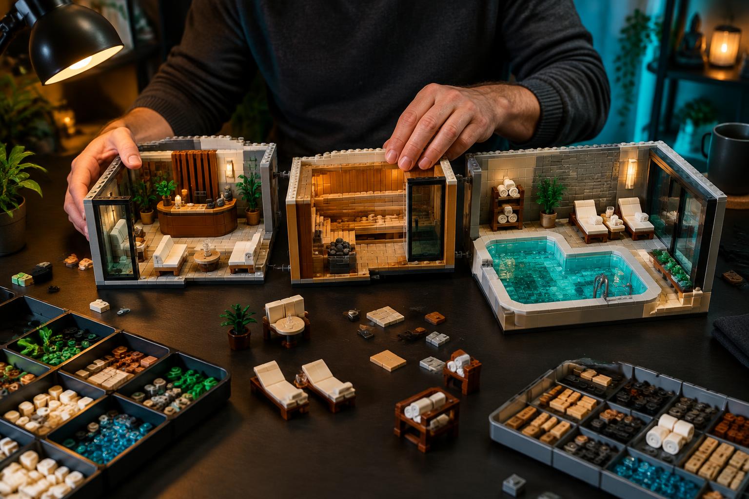Adult builder connecting reception, sauna and pool modules for a LEGO-compatible brick spa display