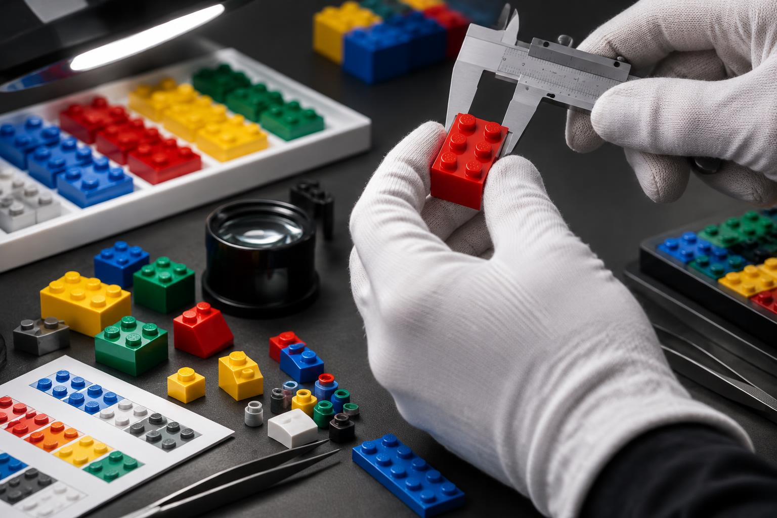 Compatible building brick measured for stud tolerance, surface finish and color consistency