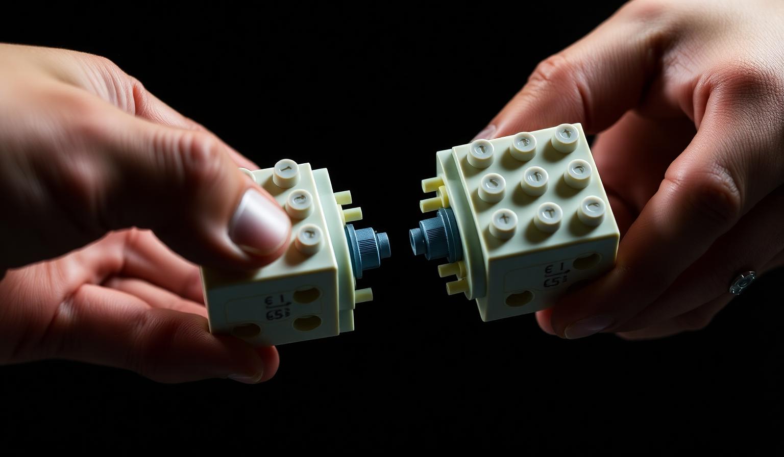 Two hands pulling apart interlocking compatible bricks to test clutch power, macro detail of studs and tubes on a dark background