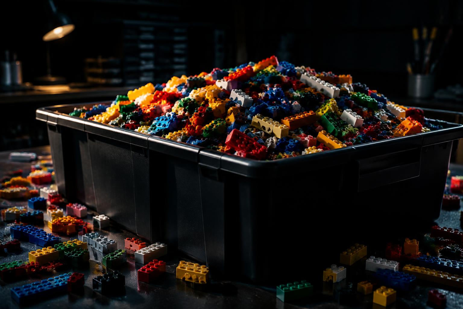 Large bulk bin filled with thousands of colorful LEGO-compatible ABS bricks on a dark workshop table