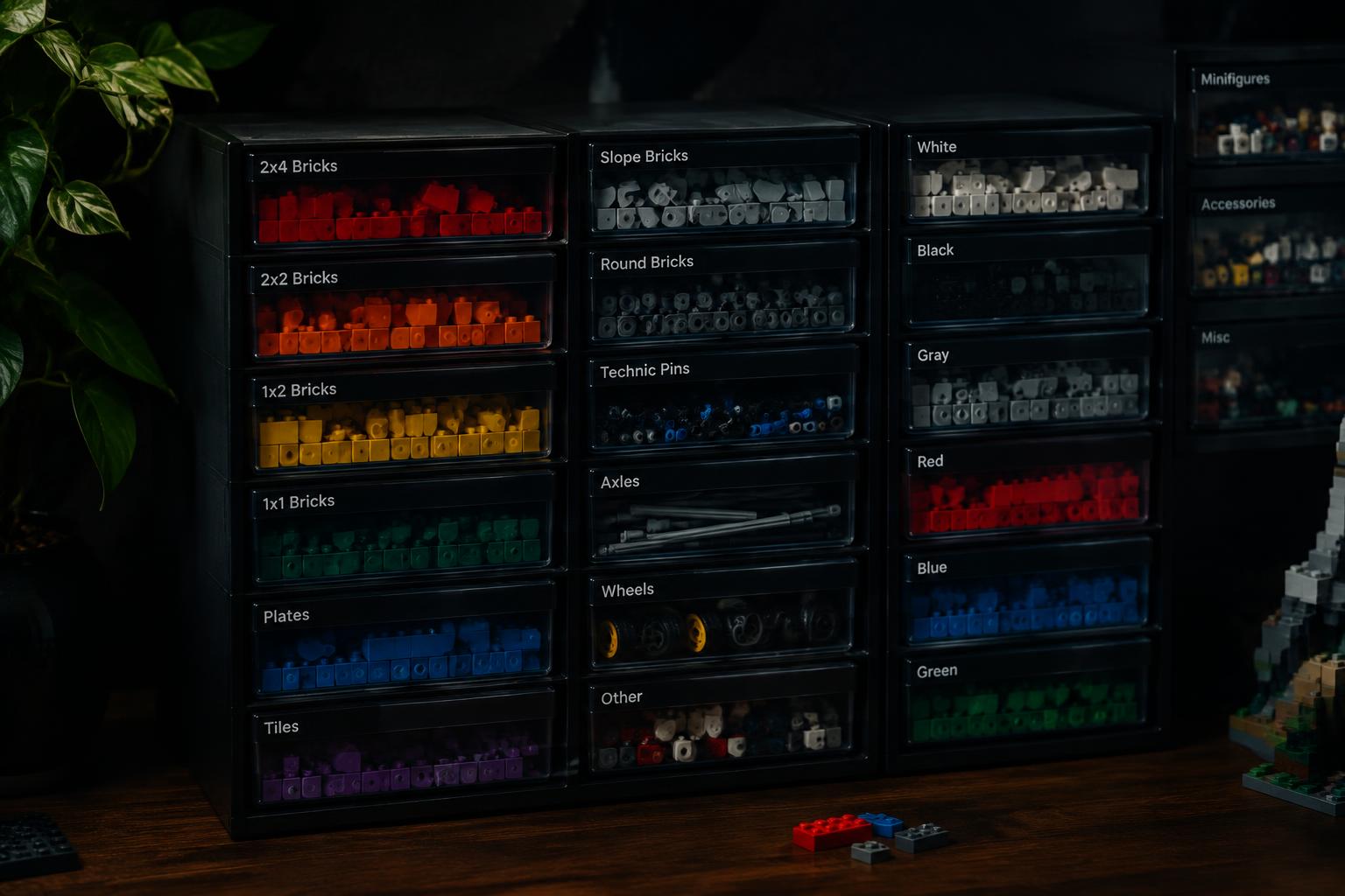 Labeled stackable drawers storing sorted LEGO-compatible bricks by colour and piece type