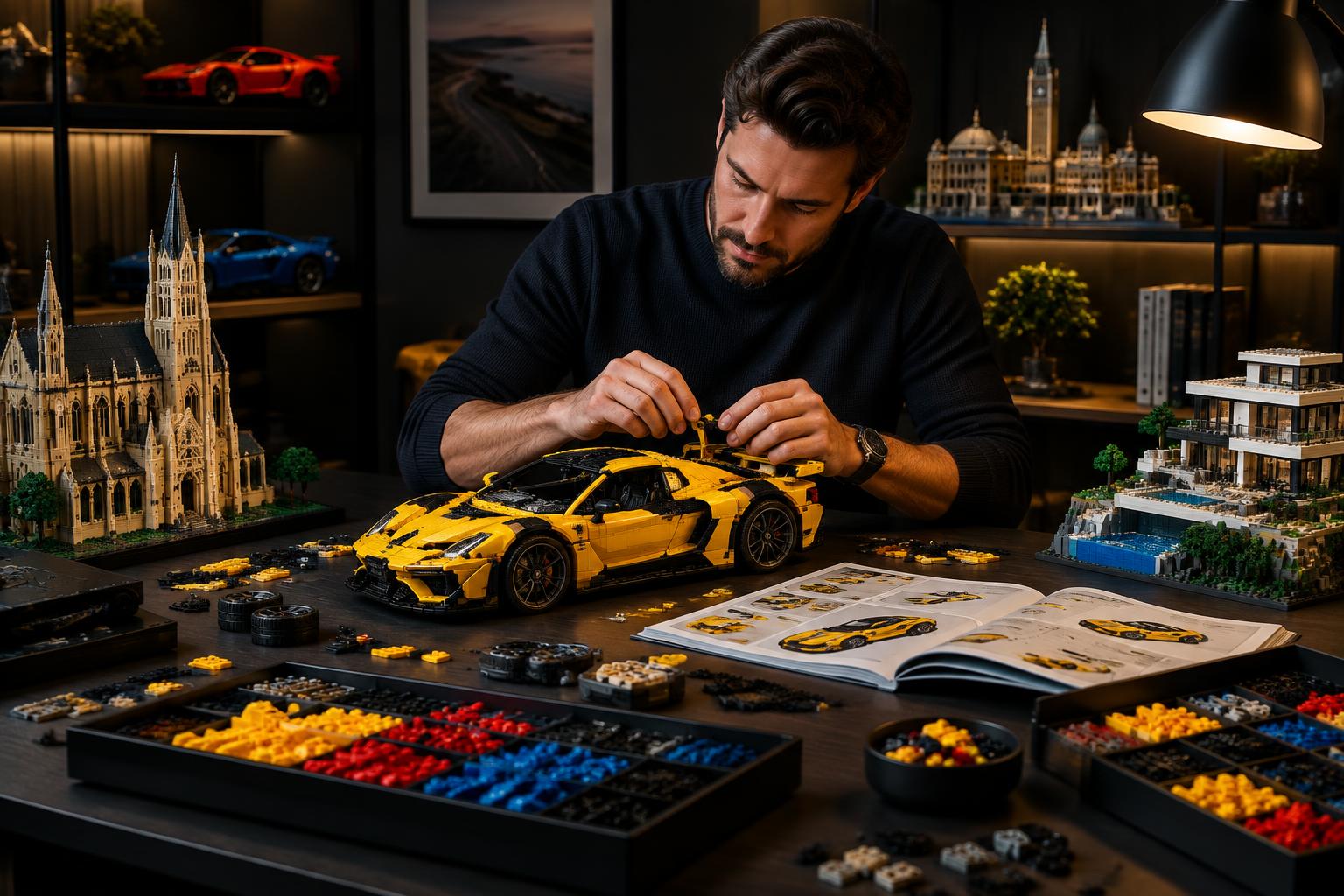 Adult hobbyist building a detailed compatible-brick sports car at a sophisticated collector workspace