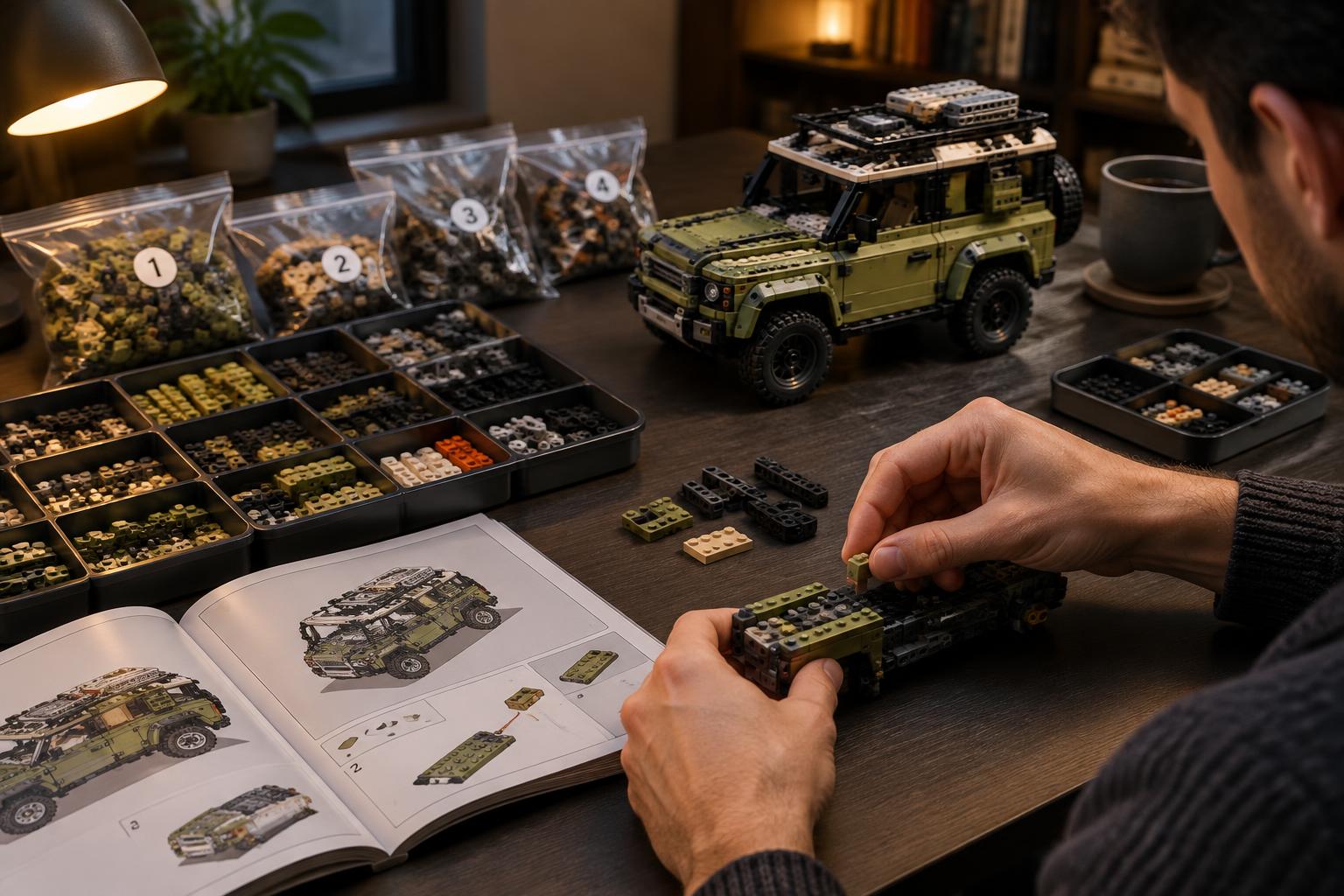 Adult builder organizing numbered bags and sorting trays while assembling a compatible-brick off-road vehicle