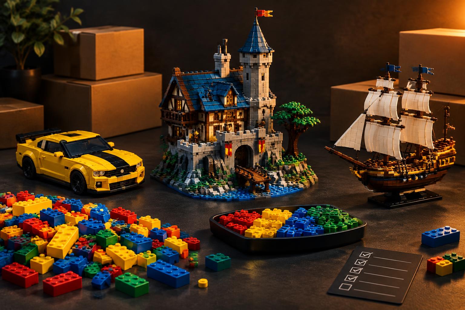Affordable LEGO-compatible castle, sports car and sailing ship sets displayed with colorful loose bricks