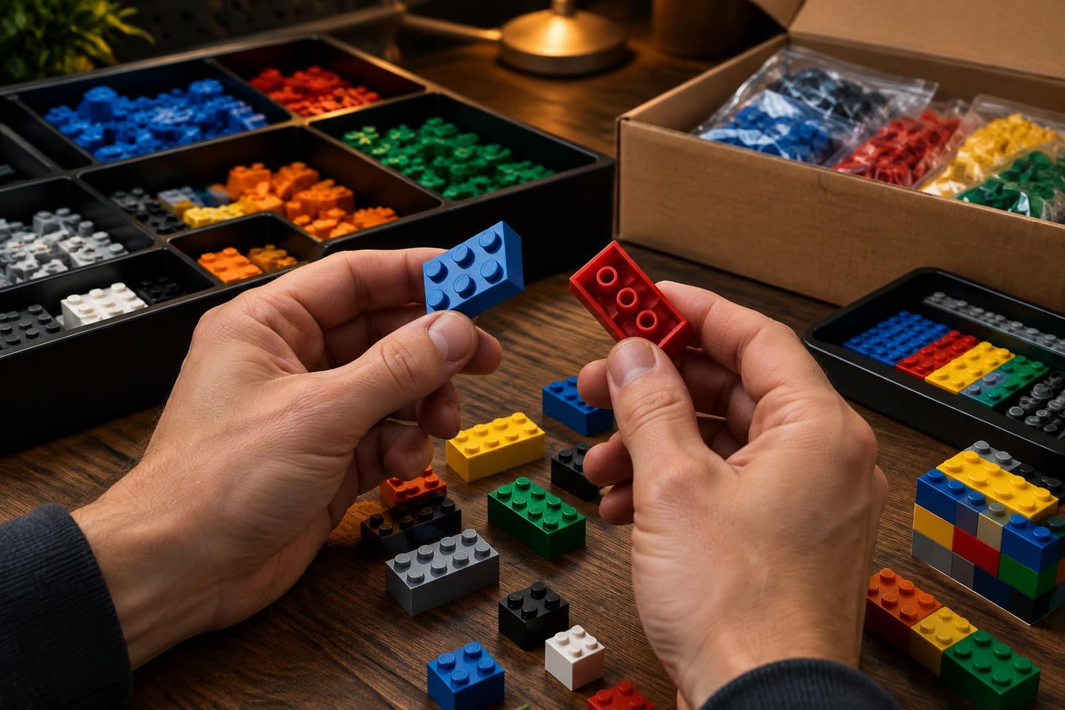 Builder inspecting the studs and underside of colorful LEGO-compatible bricks before purchase