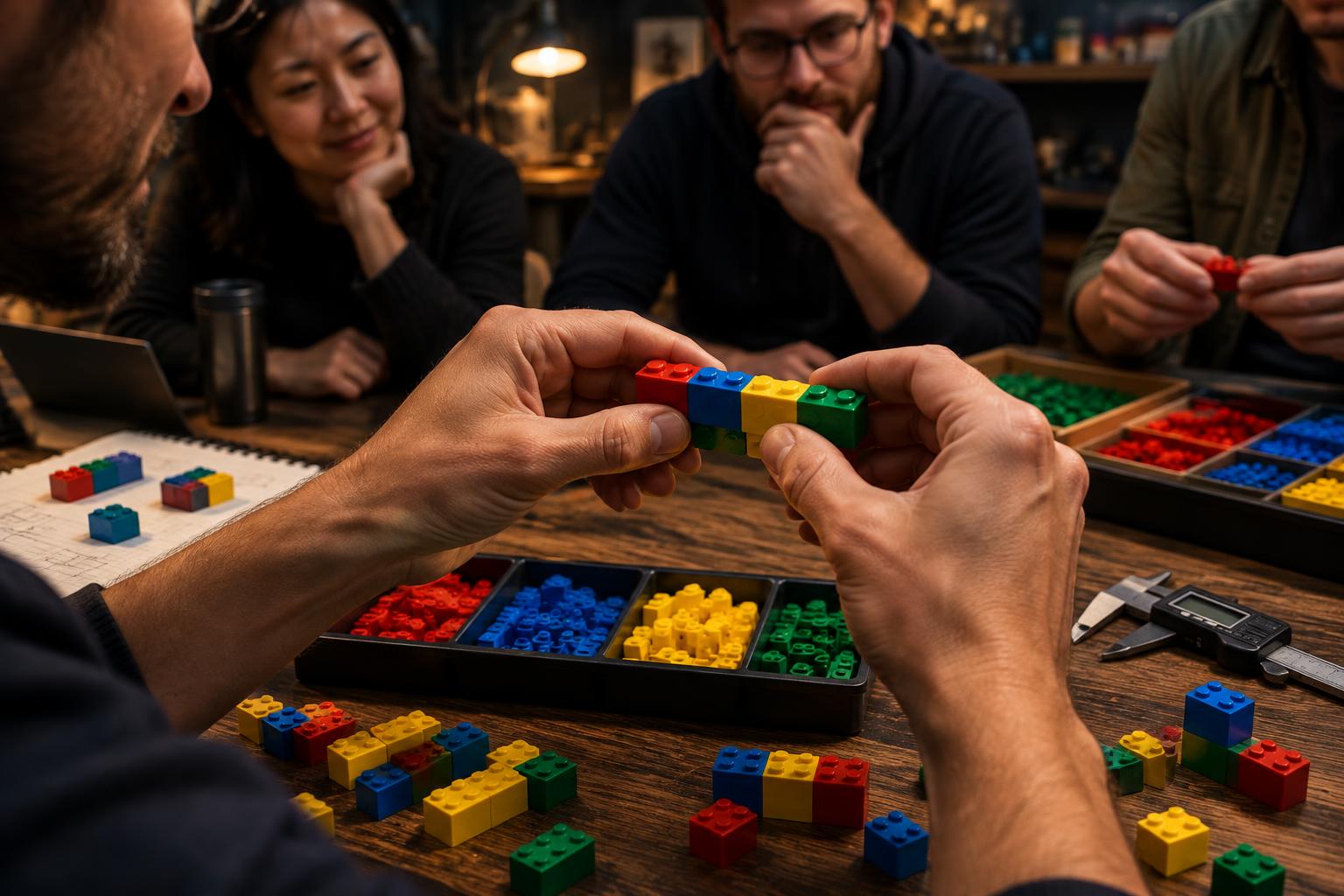 Builders testing the clutch power and fit of colorful LEGO-compatible bricks at a workshop table