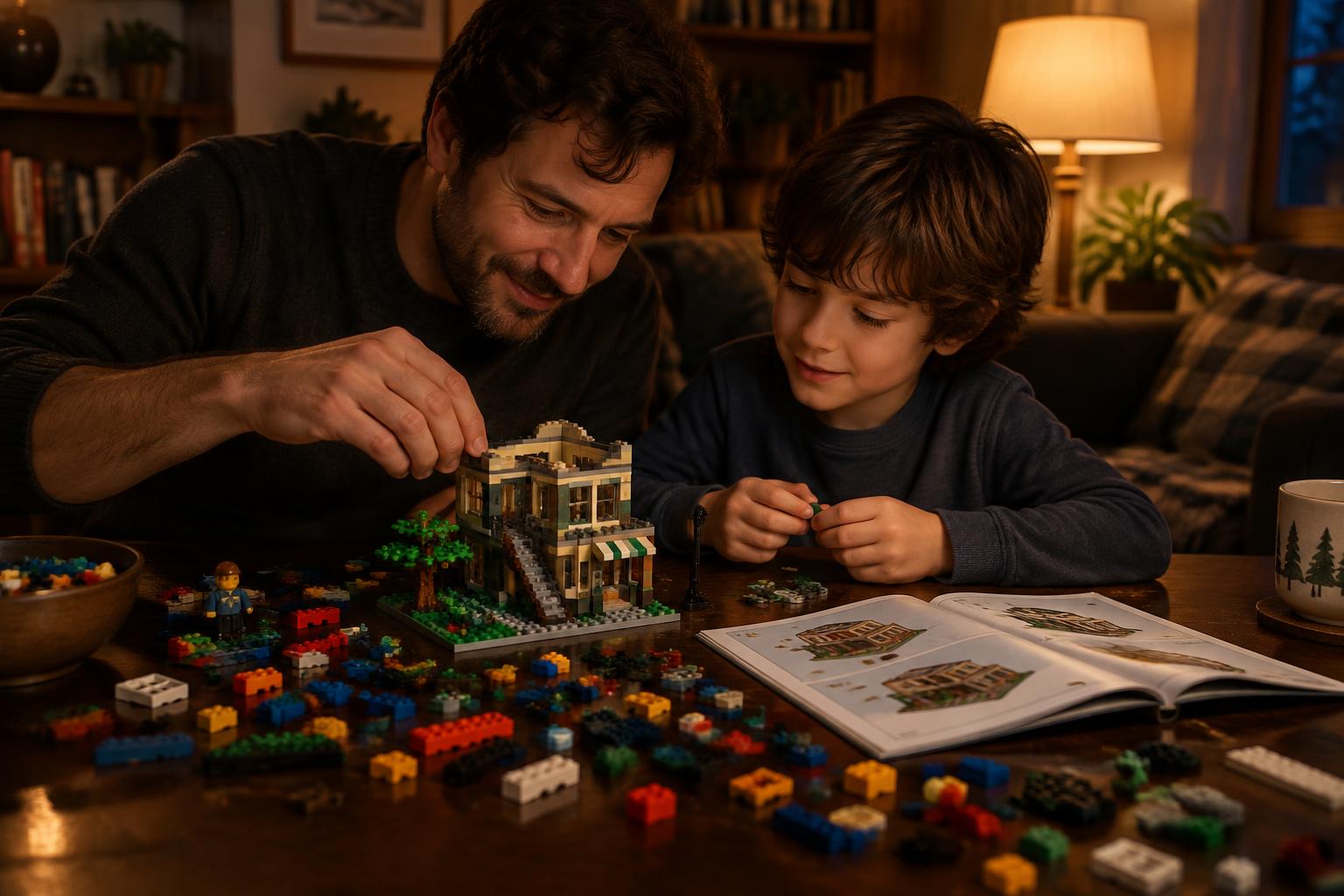 Parent and child building a mid-size LEGO-compatible block set together at a lamp-lit table