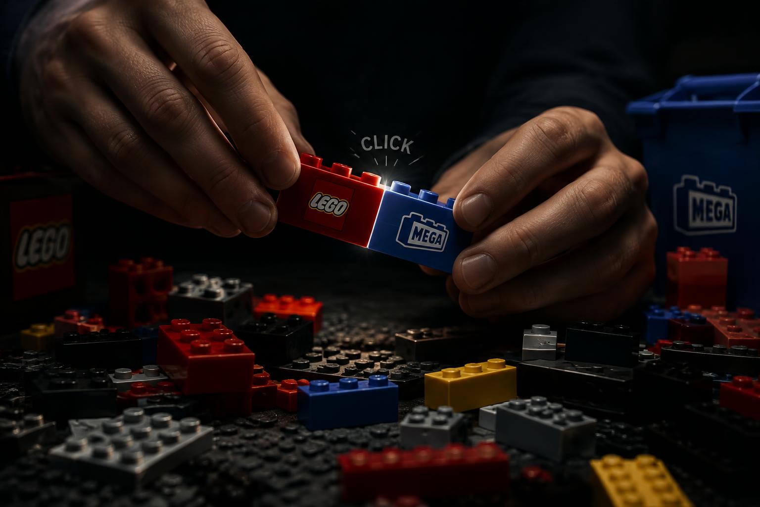 Hands clicking a LEGO-compatible brick onto an official brick to test stud compatibility
