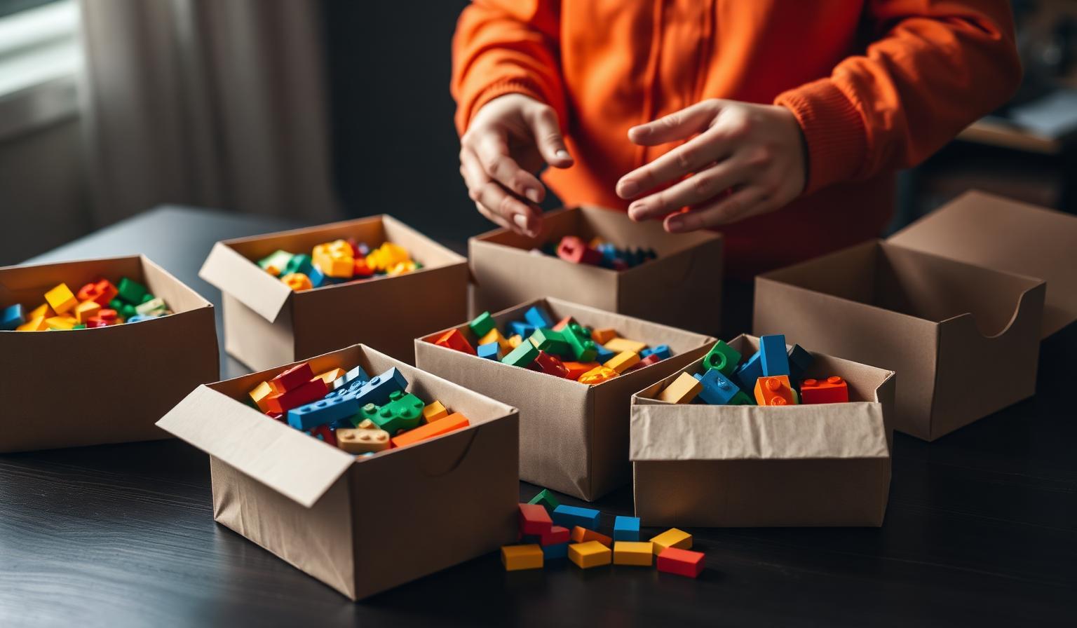 A builder comparing colorful compatible building bricks from several plain unbranded boxes on a dark desk
