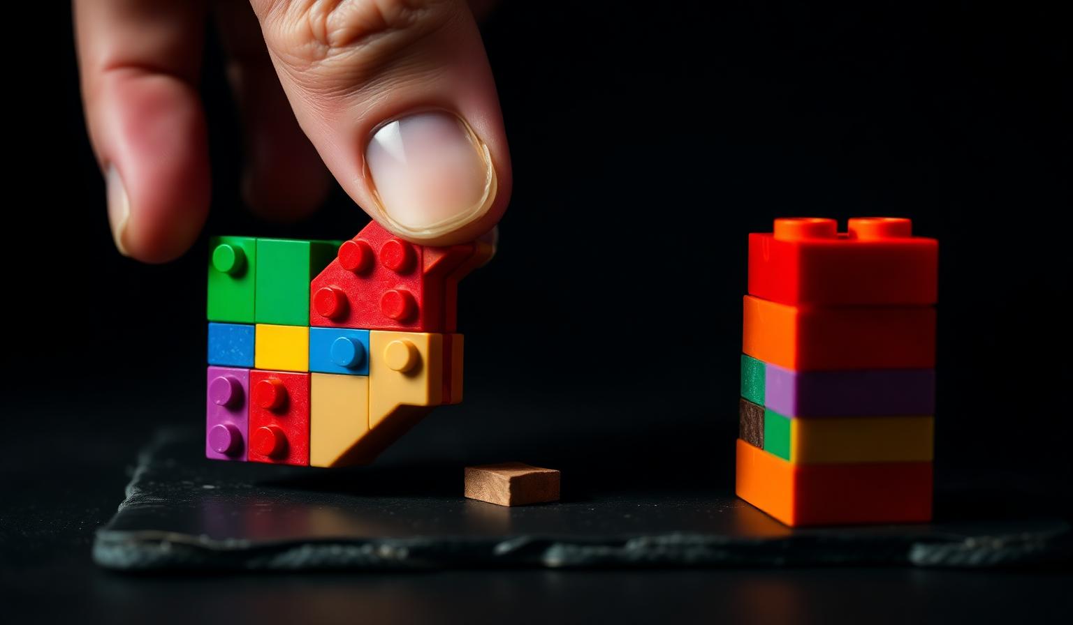 Close-up of two colorful compatible bricks being snapped together to test clutch power beside a small stacked brick tower