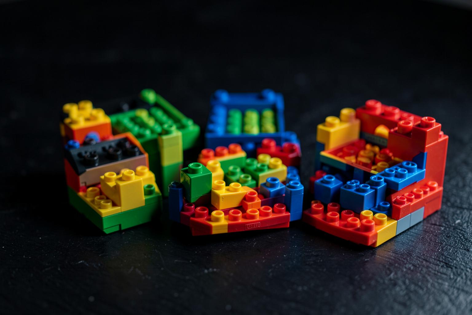 Three colorful plastic building brick models lined up side by side on a dark slate surface for comparison