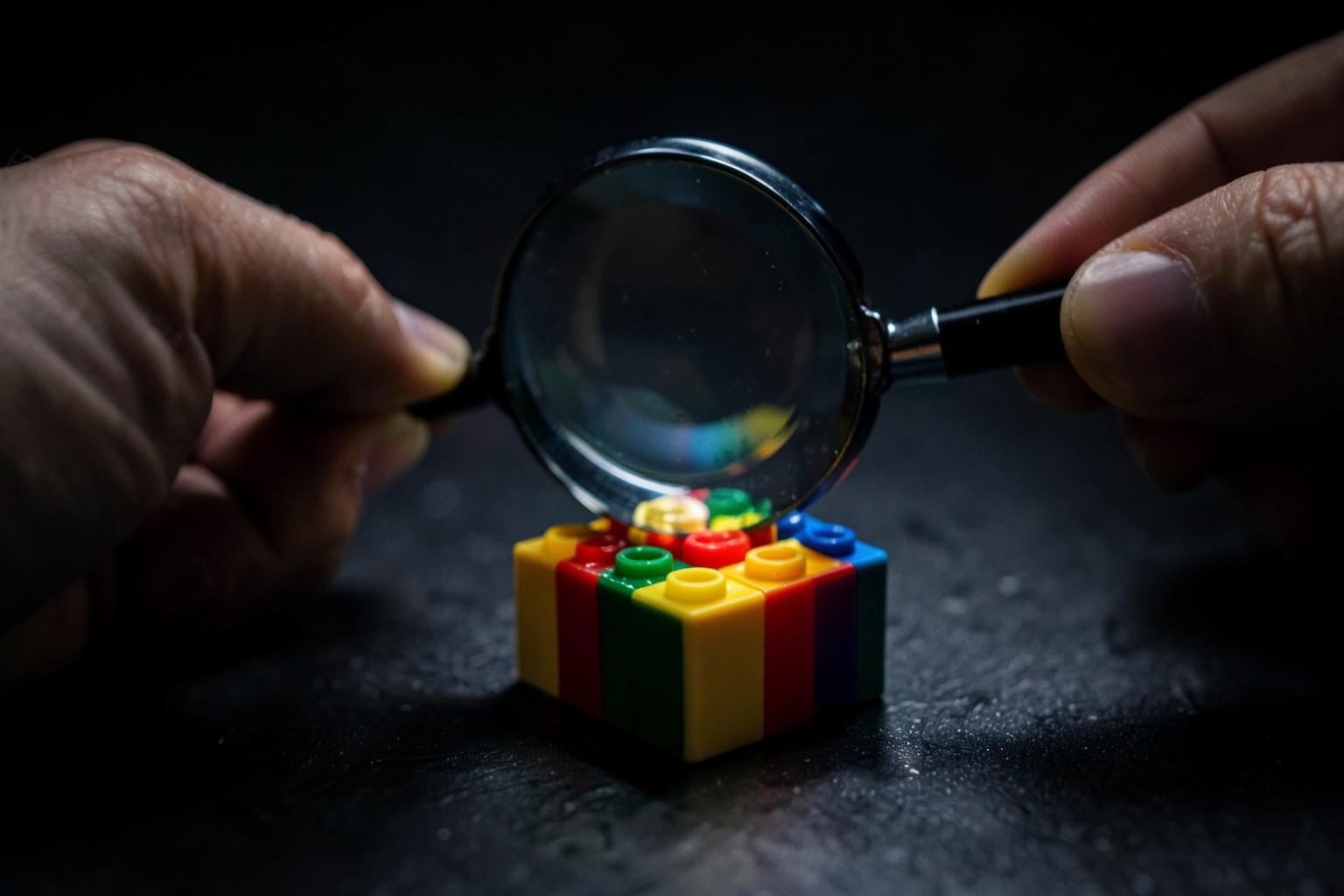 Close-up of a hand holding a magnifying glass over colorful toy bricks to inspect stud quality during a consultation
