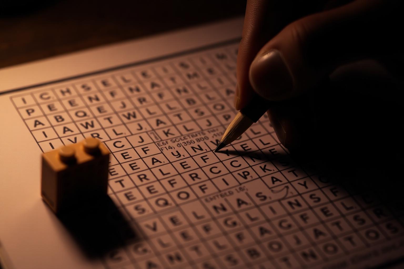 A hand penciling letters into a crossword grid with a small toy brick model beside it under warm lamp light