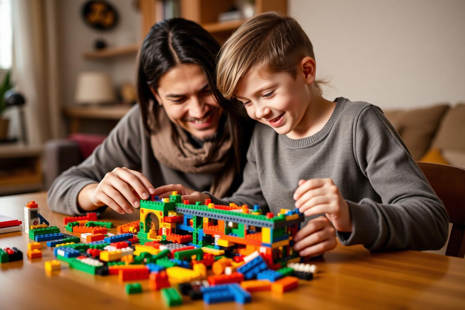A parent and child building an intricate colorful plastic brick model together at a wooden table