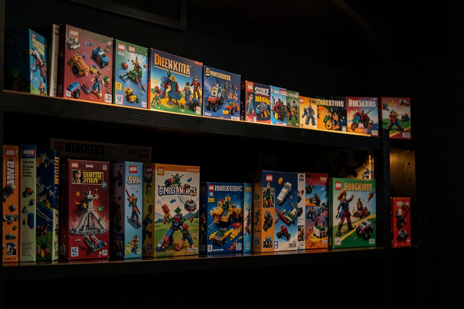 Shelves of boxed LEGO-compatible toy brick sets lit with warm light, representing a toy bricks membership collection