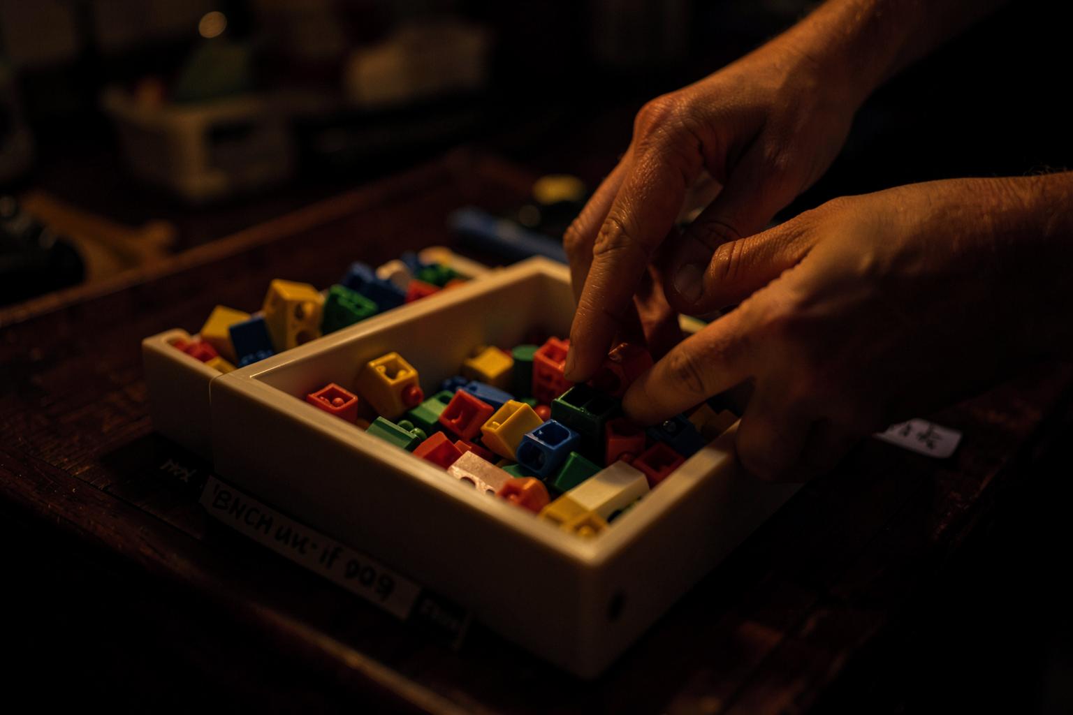 Hands sorting colorful LEGO-compatible bricks into labeled drawer trays under warm lighting