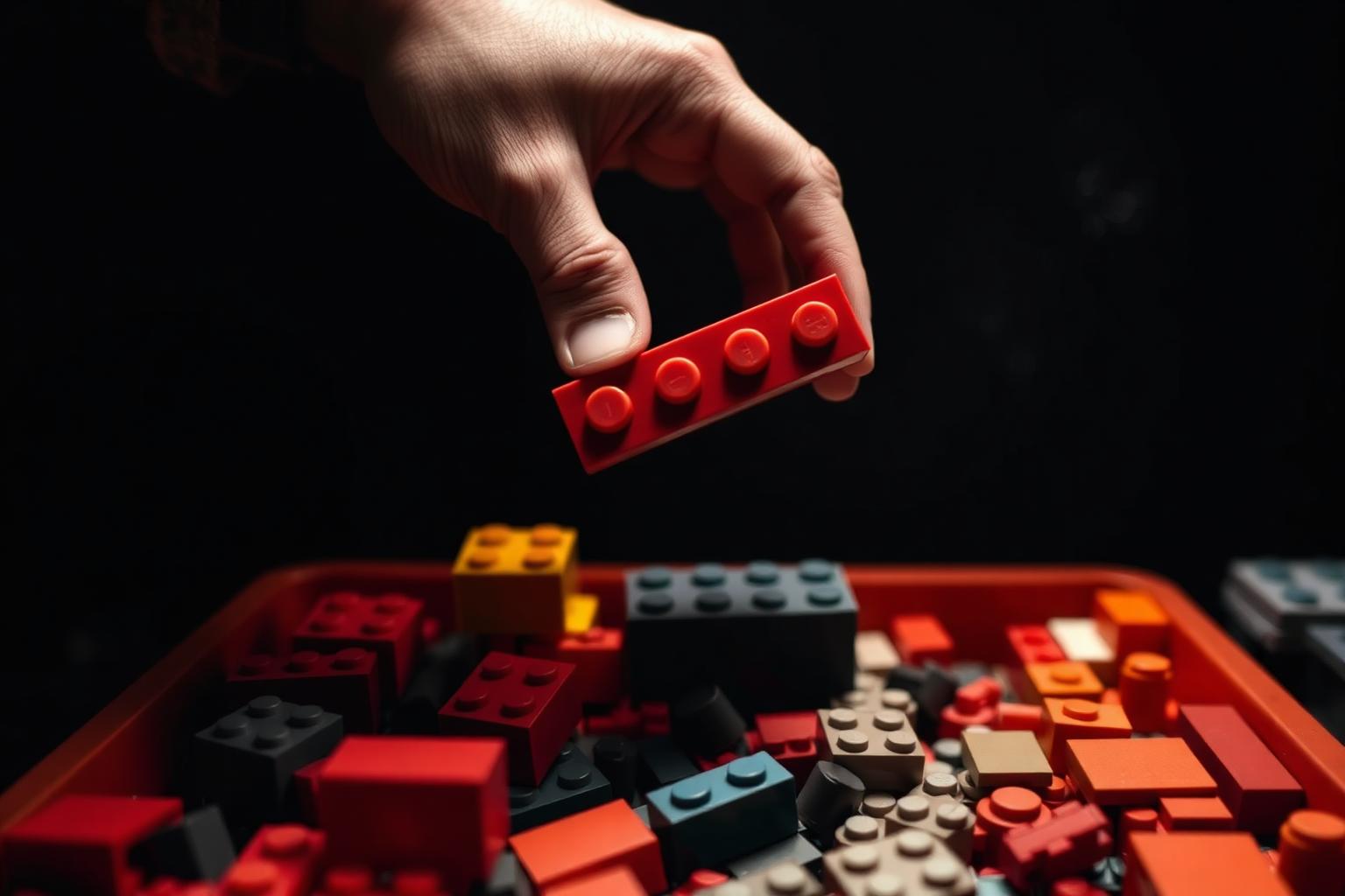 A builder's hand holding a red 1x4 plastic plate above a tray of sorted bricks, plates and tiles