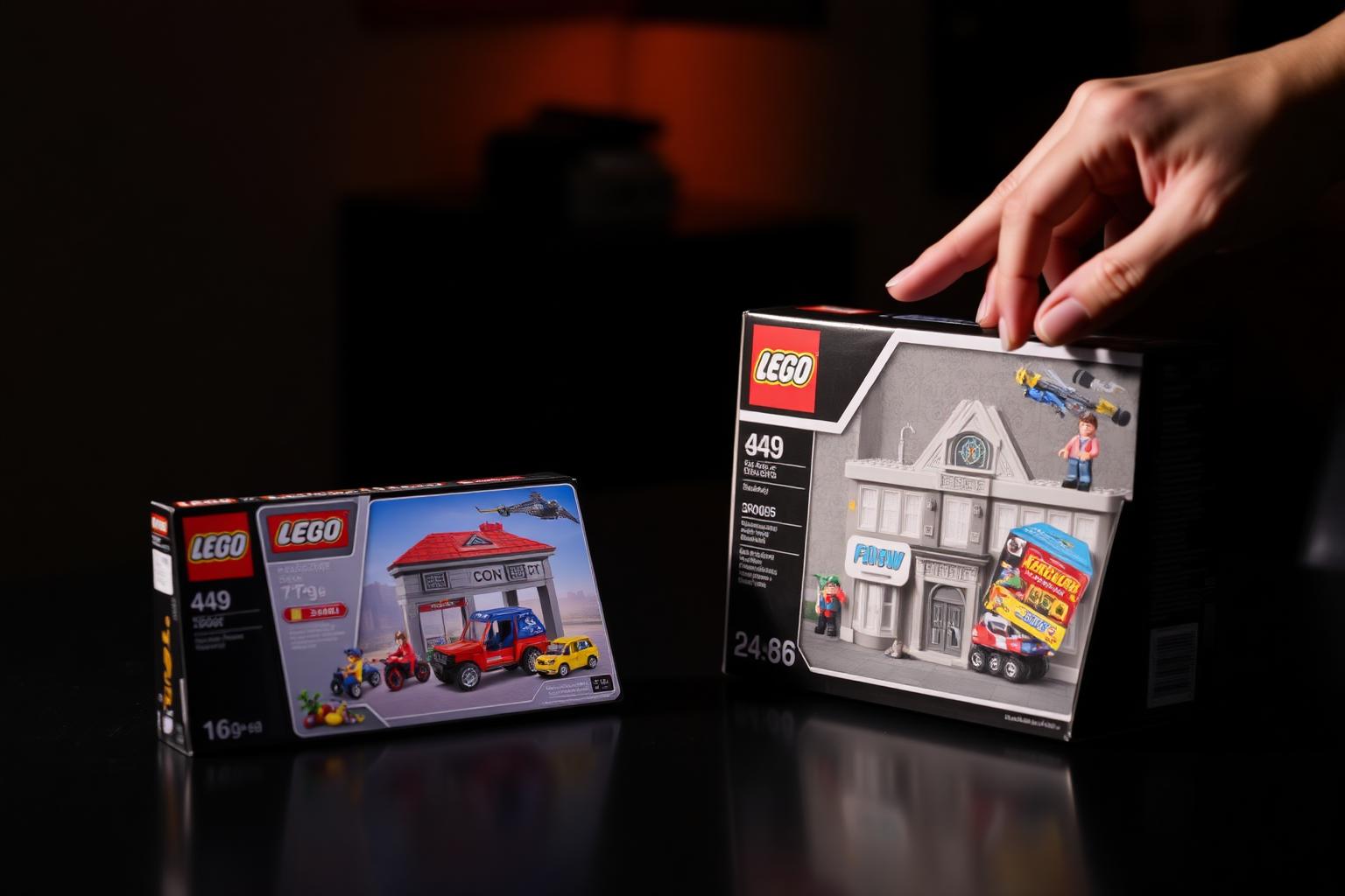 Two building block set boxes compared side by side on a dark table while a hand points at the specifications