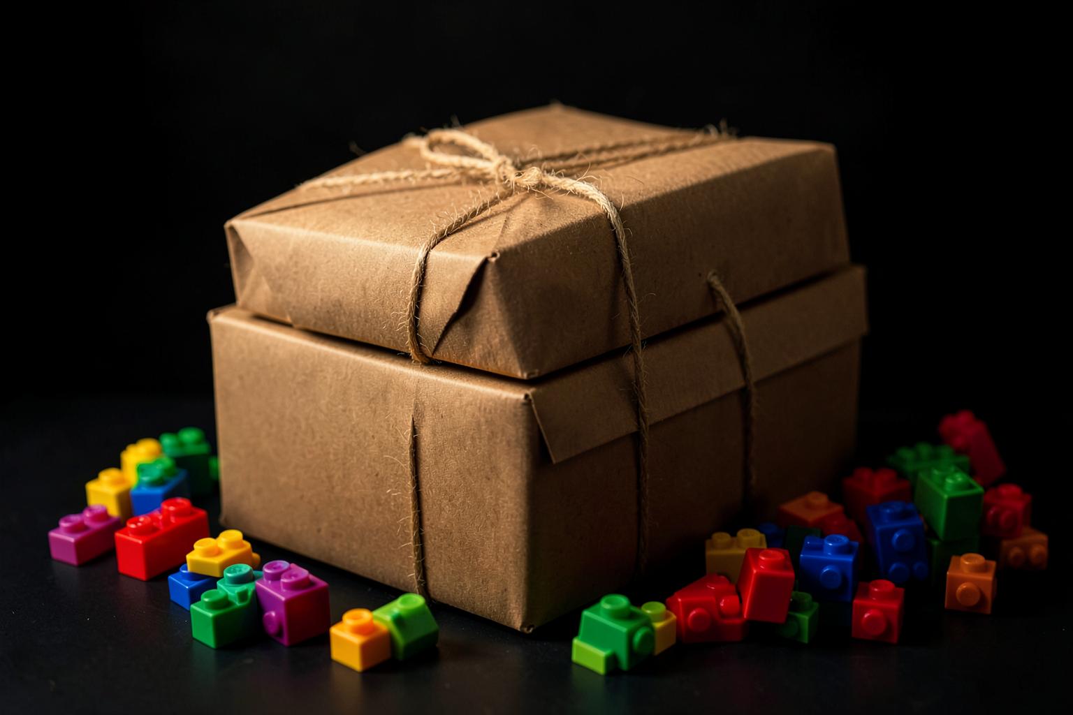 Stacked plain parcel boxes tied with twine surrounded by colorful plastic building bricks on a dark surface