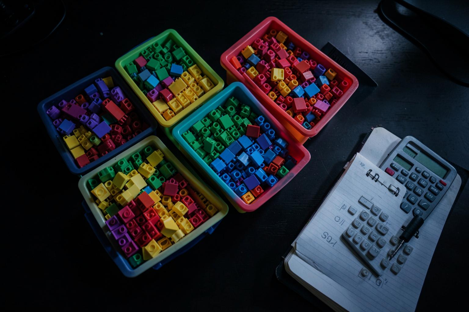 Overhead view of sorting trays filled with colorful bricks beside a calculator and notebook used to work out price per piece