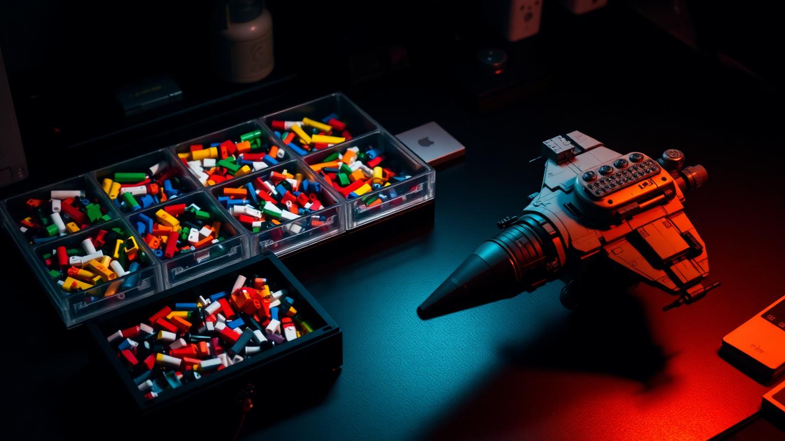 Color-sorted toy bricks in organizer trays beside a half-built original MOC spaceship — how bulk brick packages fuel open-ended building