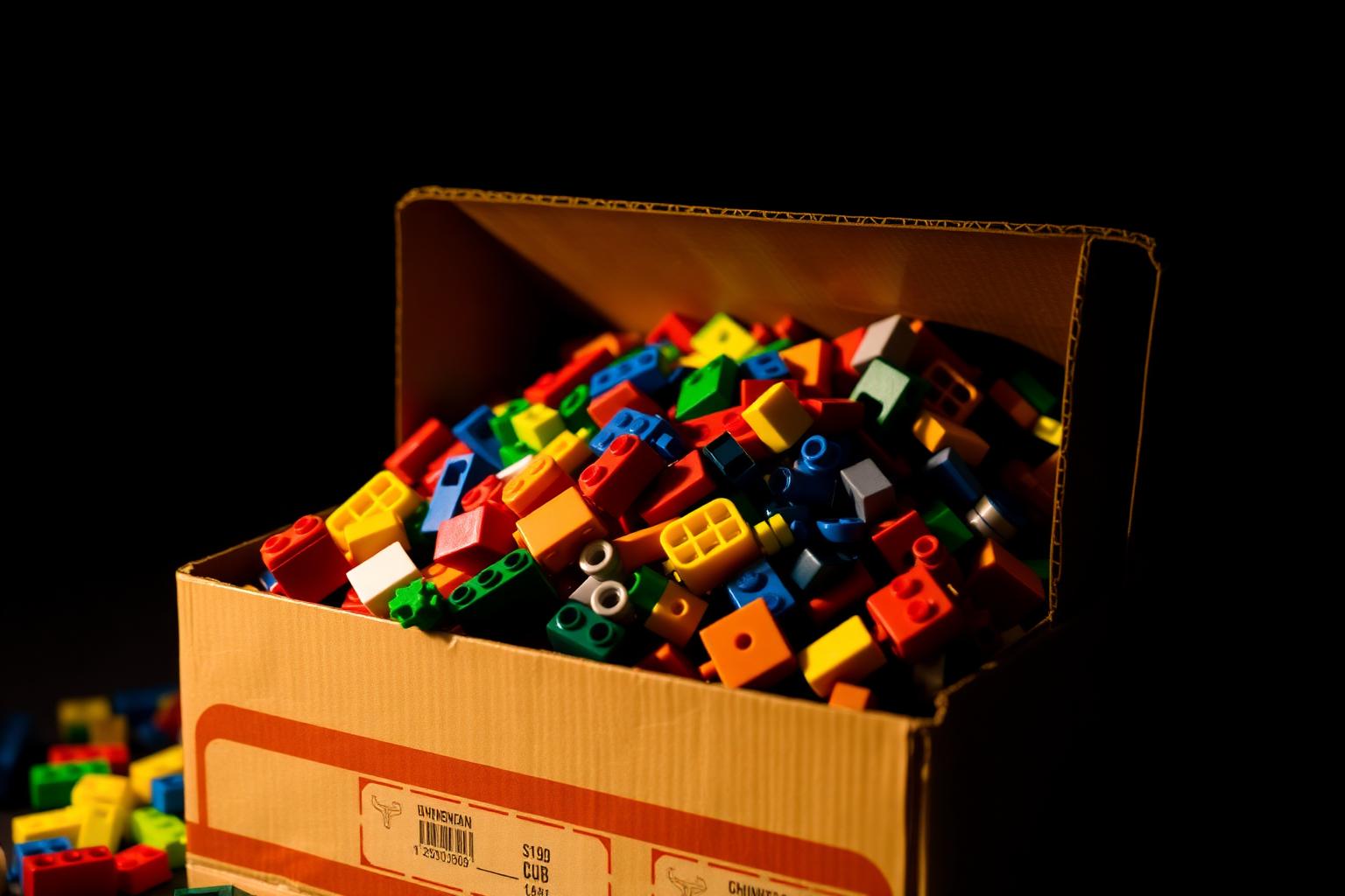 Colorful plastic building bricks spilling out of an international shipping carton on a dark background