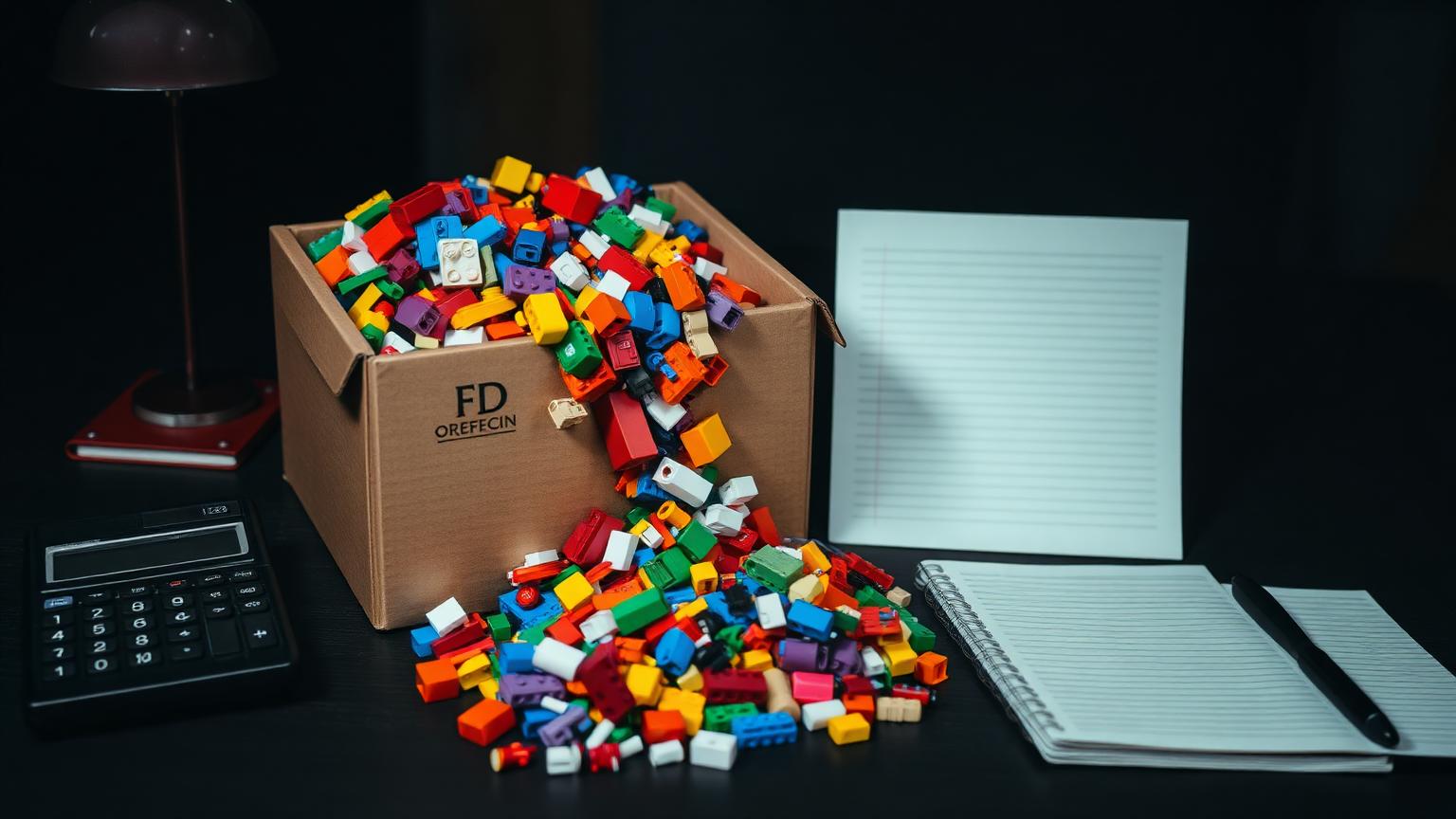 Bulk colorful ABS toy bricks pouring from a plain box onto a dark desk beside a calculator and wish-list notebook — smart bulk buying cuts toy bricks price per piece