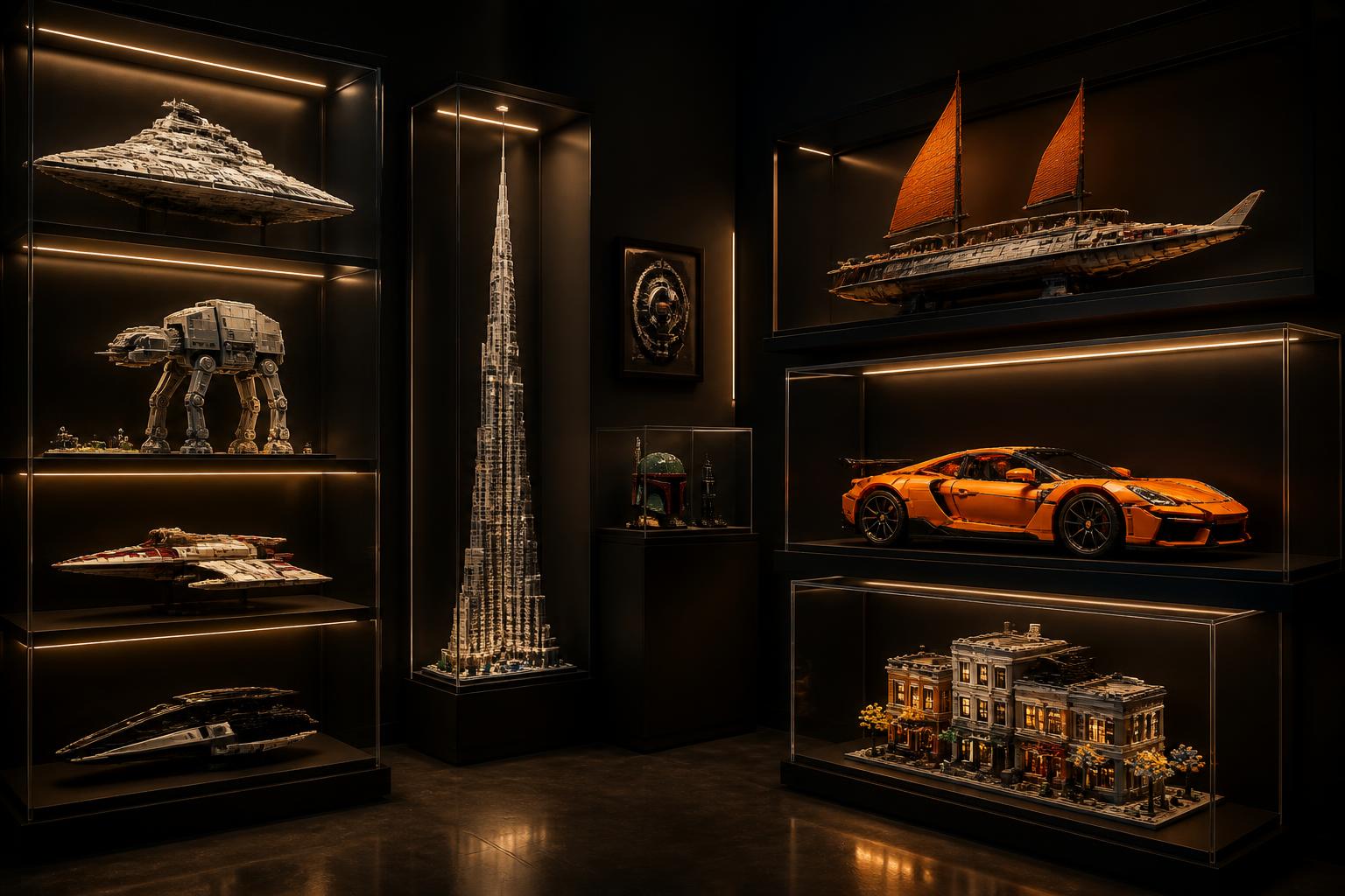 Display shelf gallery of finished LEGO-compatible brick models under warm LED lighting