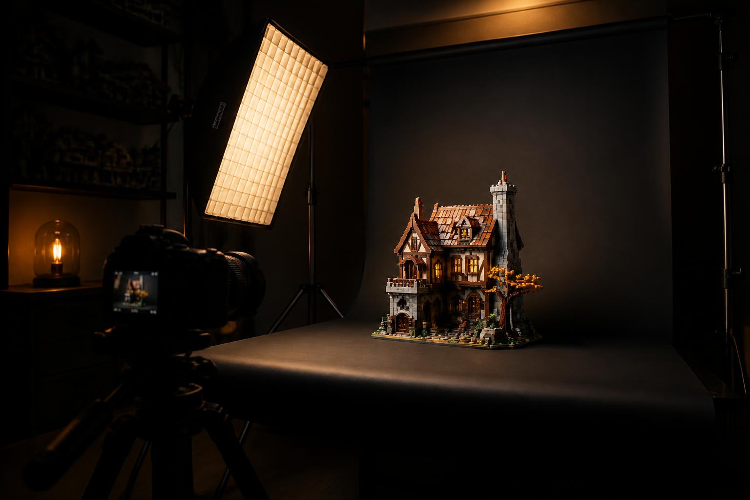 Photographing a finished LEGO-compatible brick model in a home studio setup