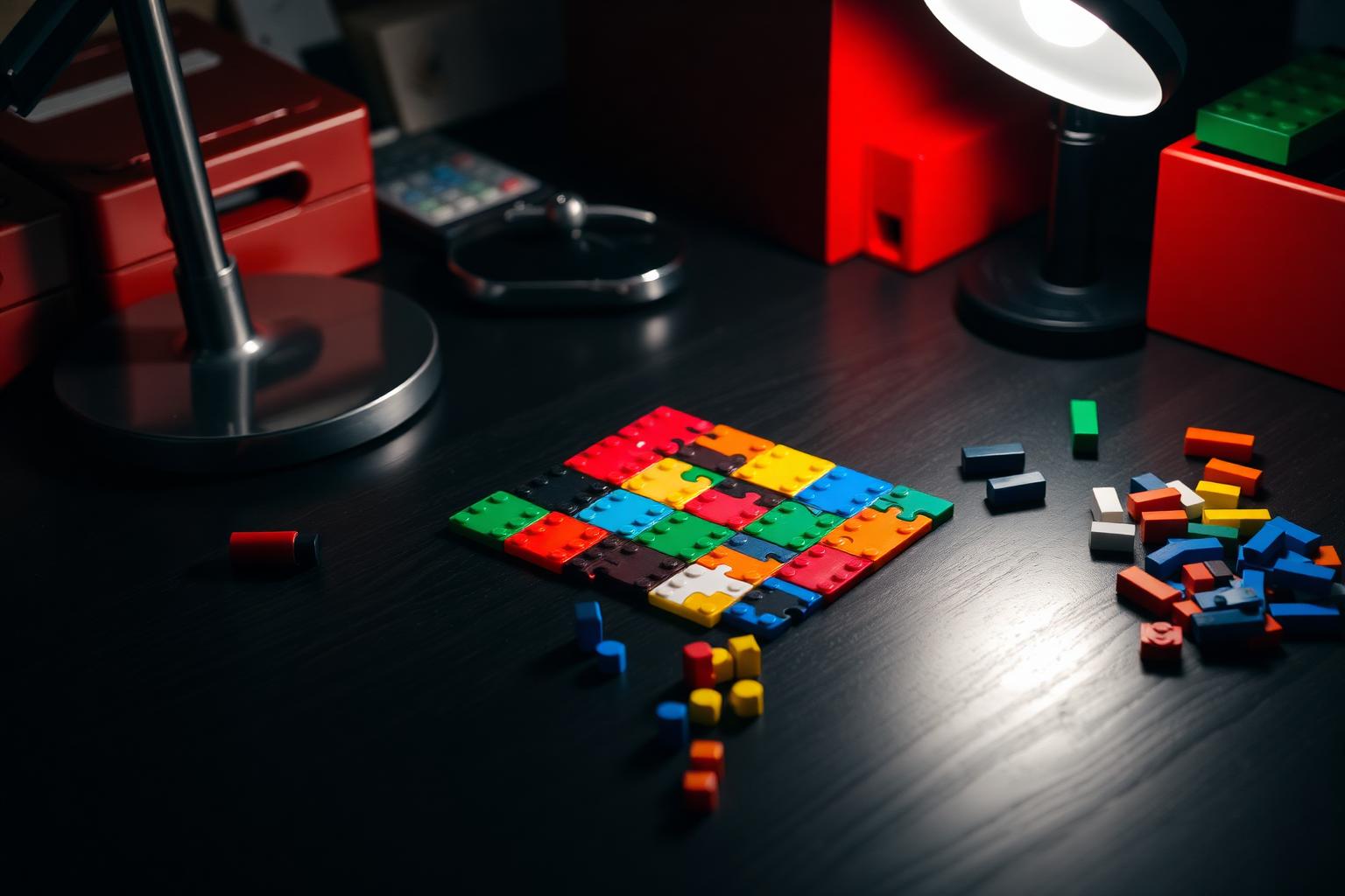 A partially solved colorful plastic brick puzzle on a dark desk with sorted loose bricks under focused lamp light