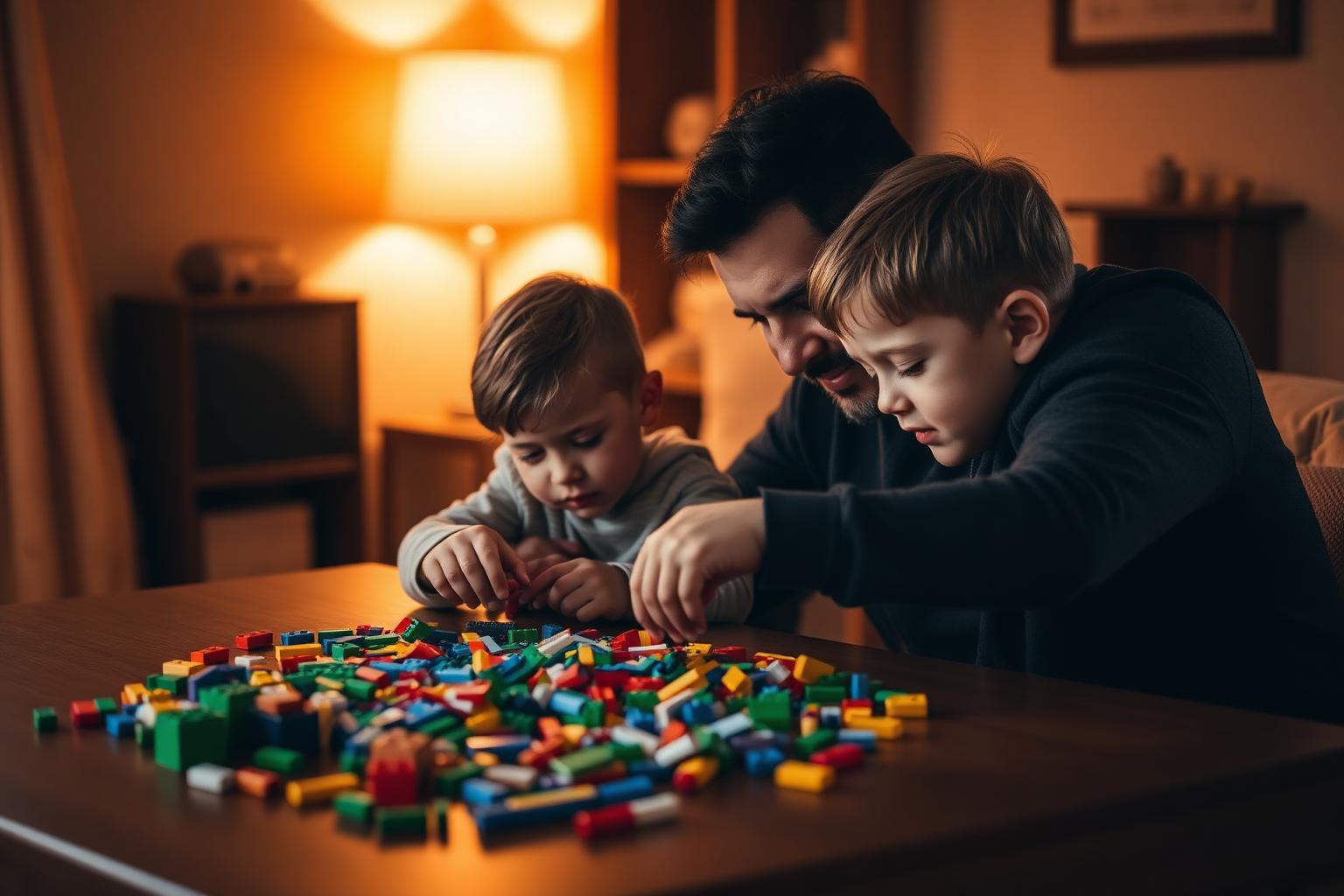 A parent and two children solving a colorful plastic brick puzzle together at a table under warm lamp light