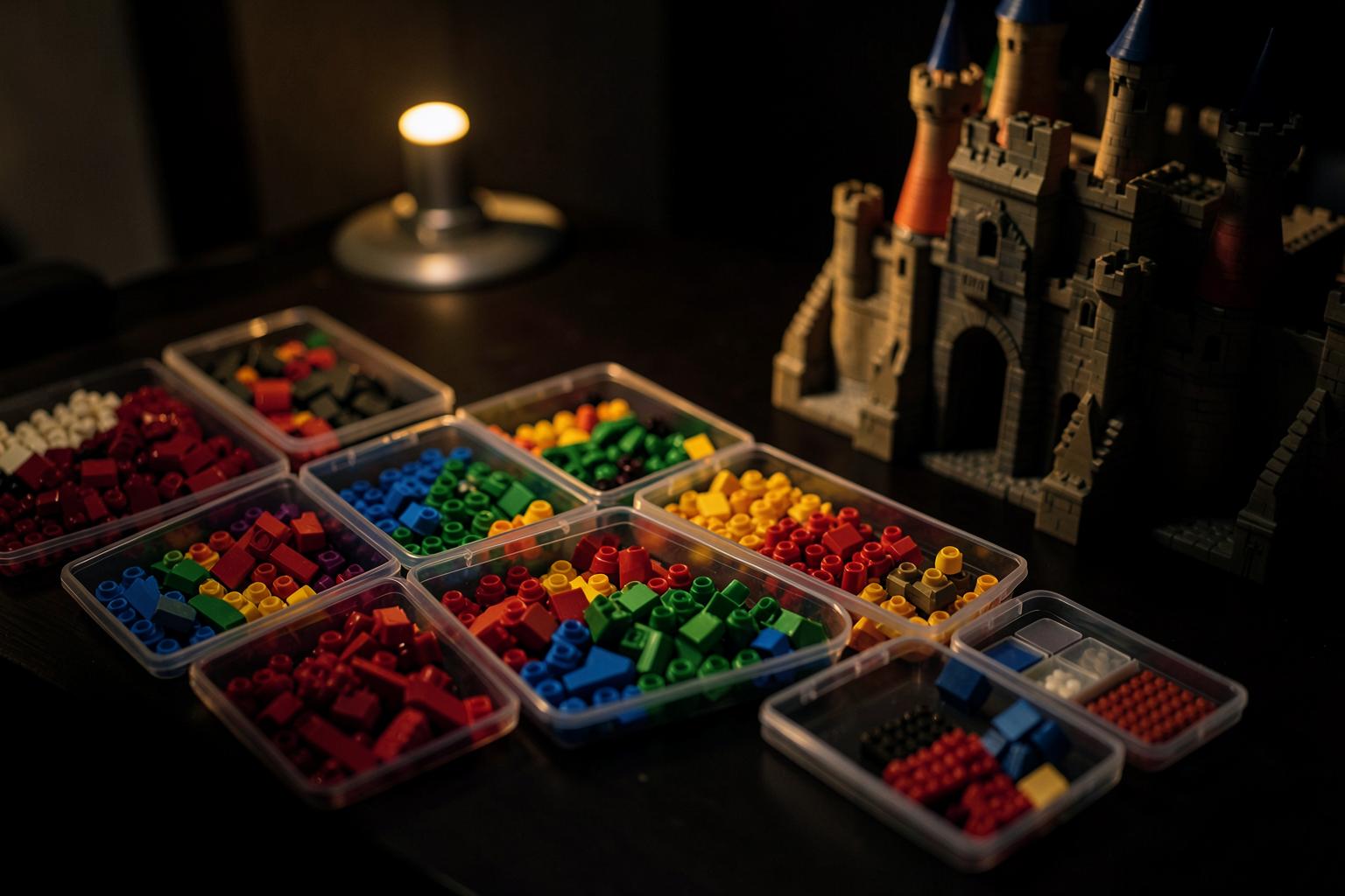 Colorful toy bricks sorted by color in transparent trays beside a partially built castle model on a dark desk