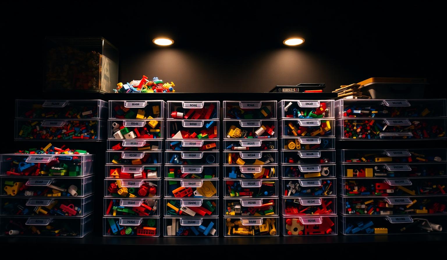A large collection of colorful toy building bricks sorted into labeled clear stackable drawer organizers on a dark desk