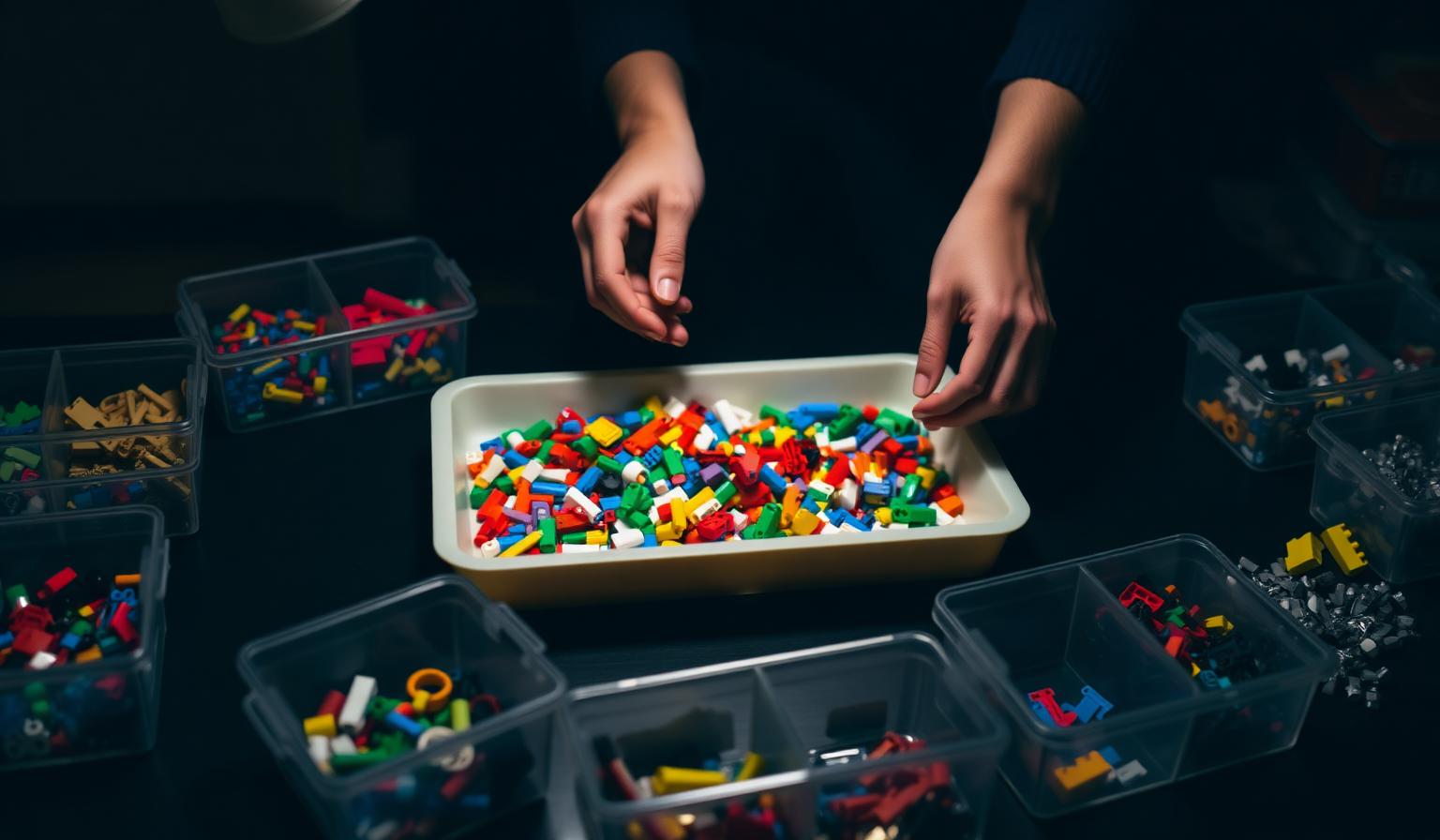 Hands sorting mixed colorful building bricks from a shallow tray into clear parts organizer bins on a dark table
